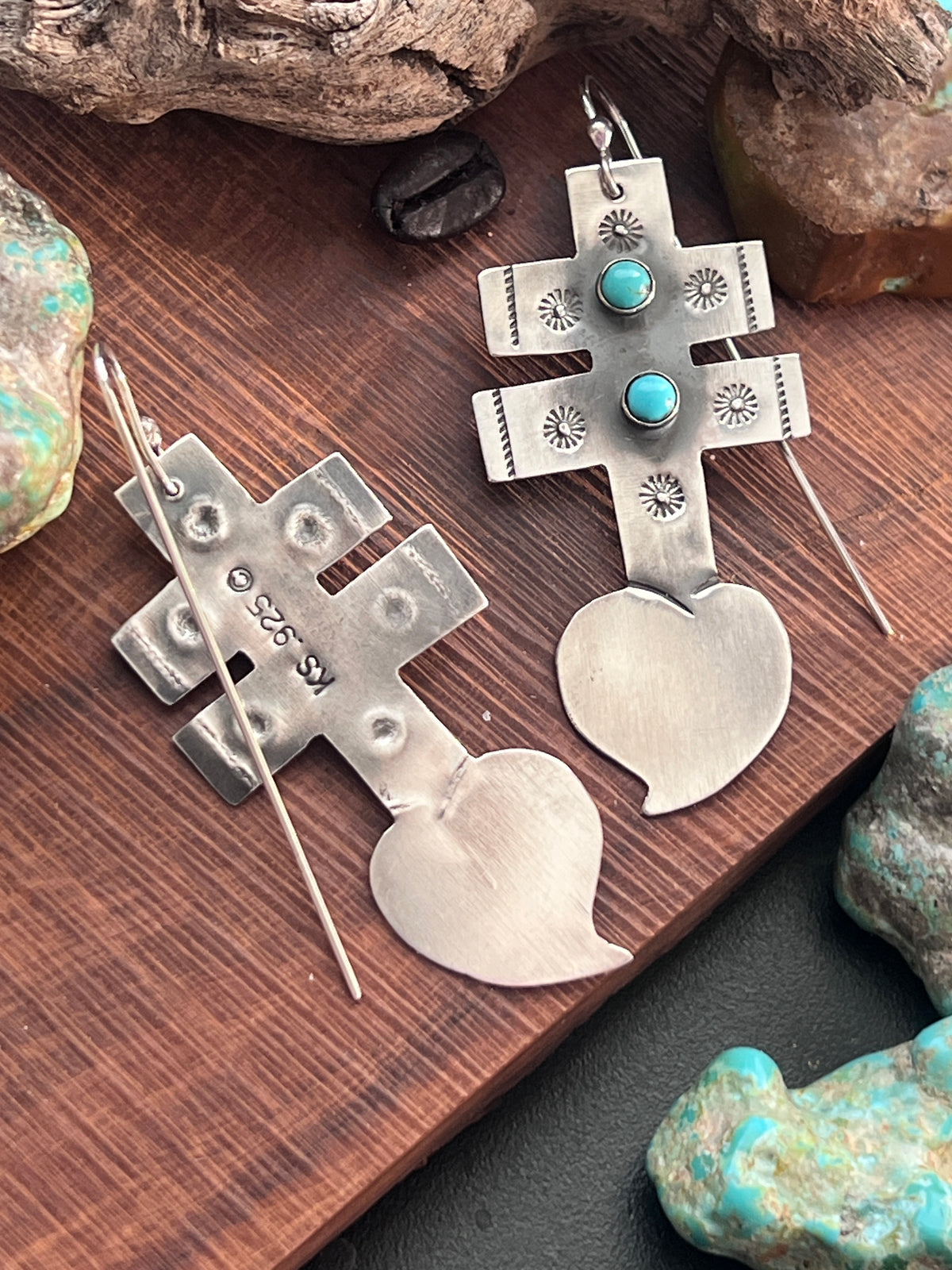 Hand Stamped Sterling Silver Dragonfly Cross Heart Dangle Earrings with Kingman Turquoise by Kimari Somers, Squared Bars