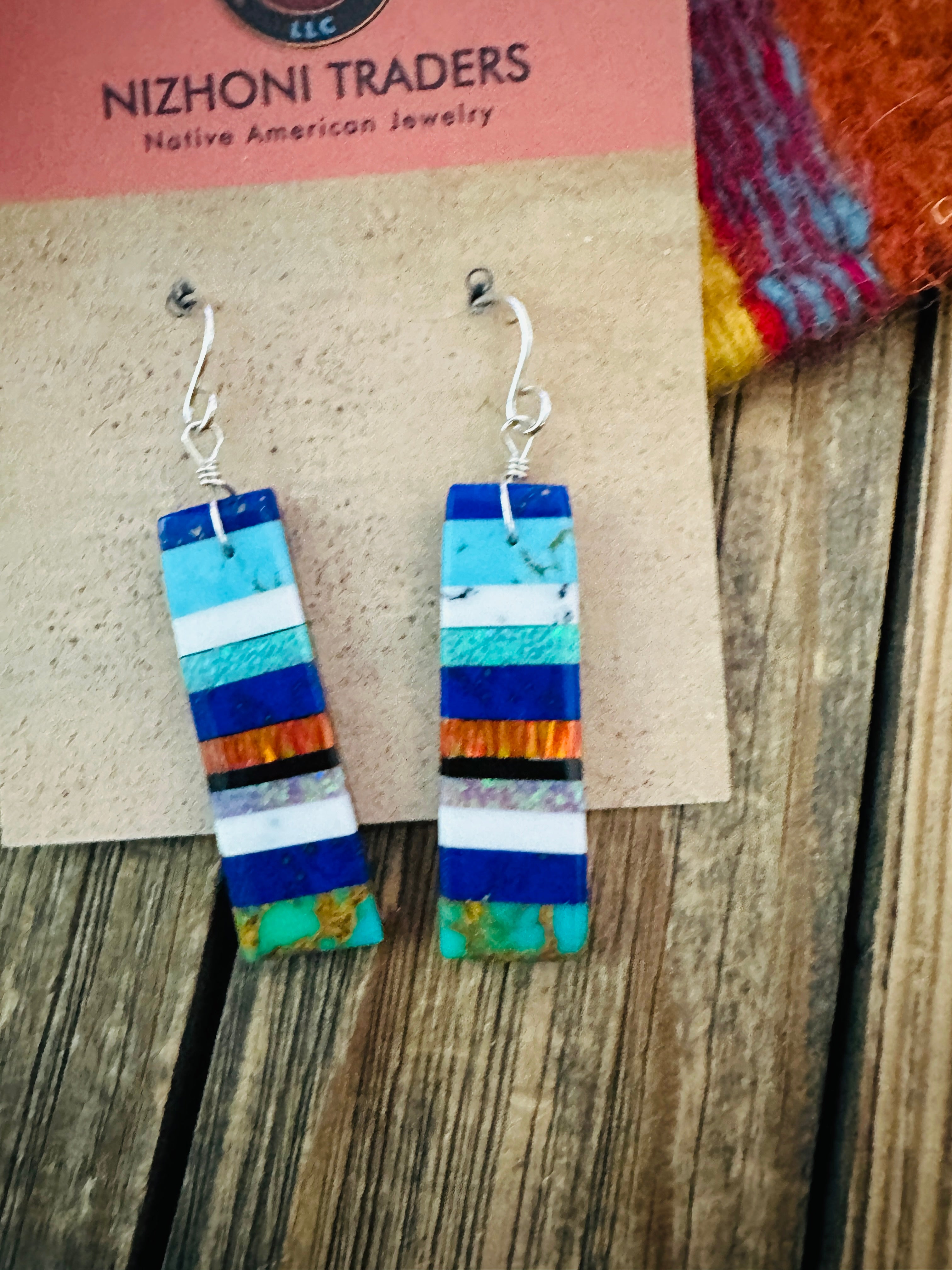Handcrafted Multi Stone Inlay Slab Dangle Earrings