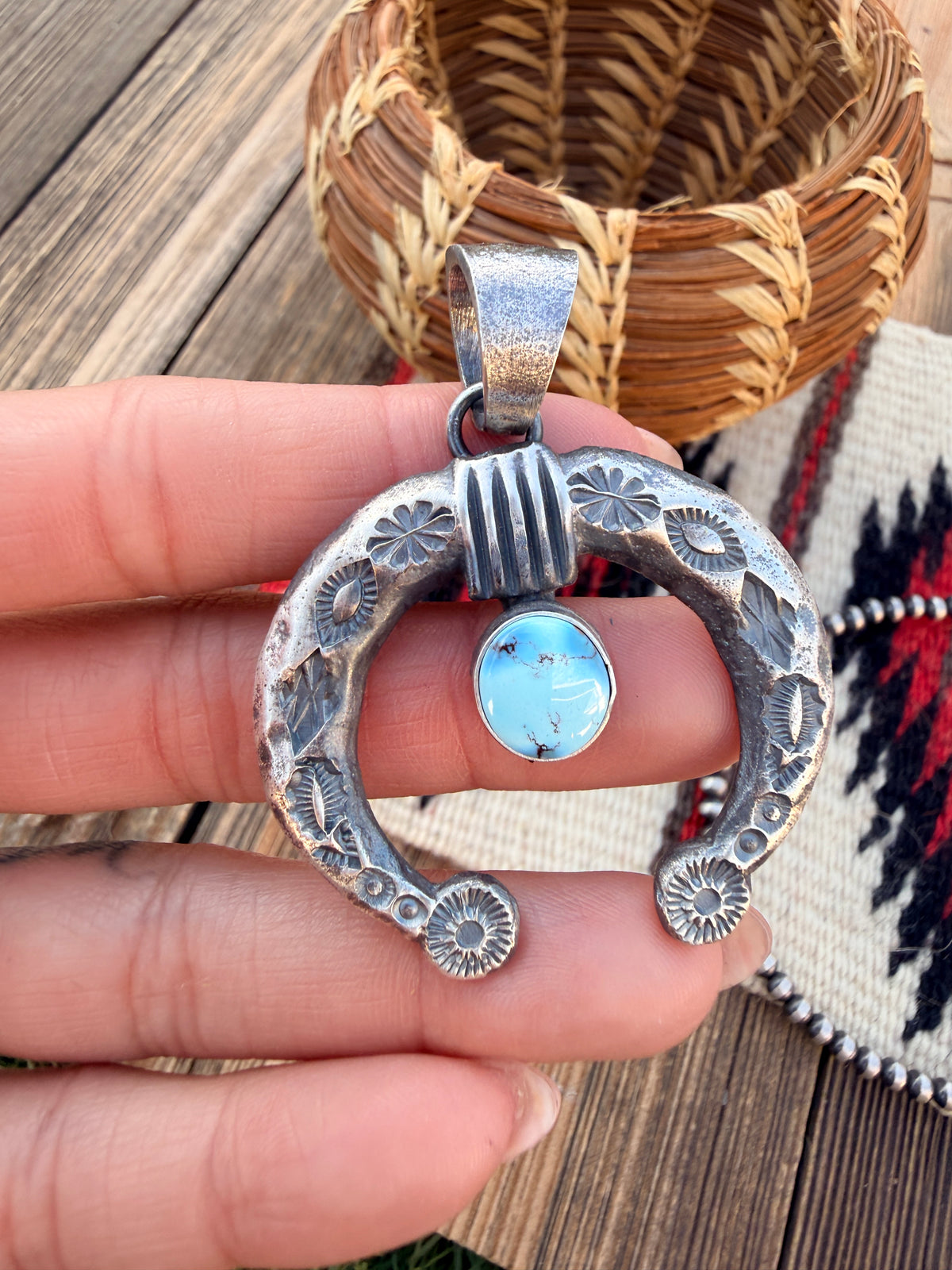 Handcrafted Sterling Silver & Golden Hills Turquoise Naja Pendant by Kevin Billah