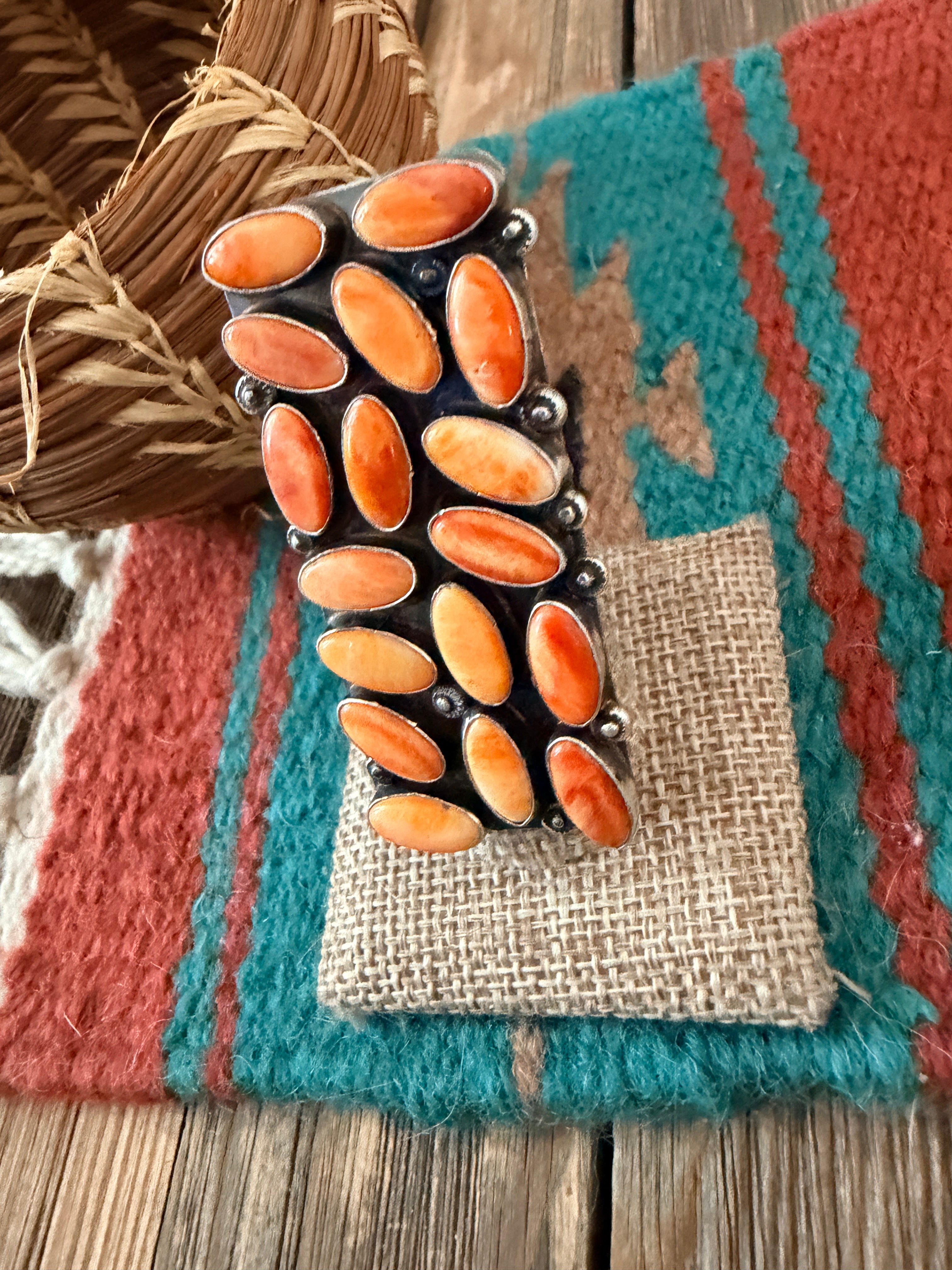 Handcrafted Orange Spiny Oyster & Sterling Silver Cluster Adjustable Ring by Jacqueline Silver