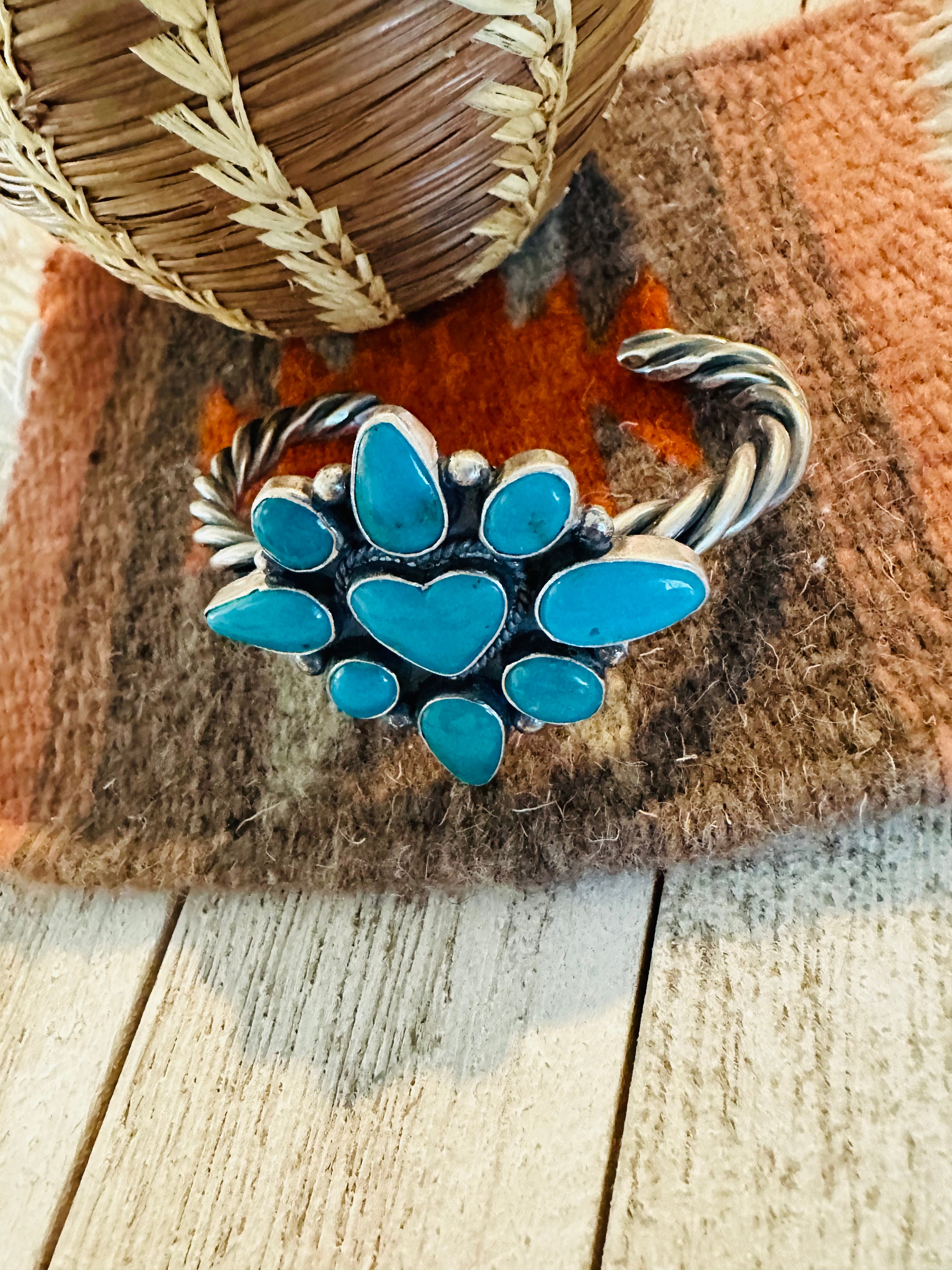 Navajo Kingman Turquoise & Sterling Silver Heart Cuff Bracelet /