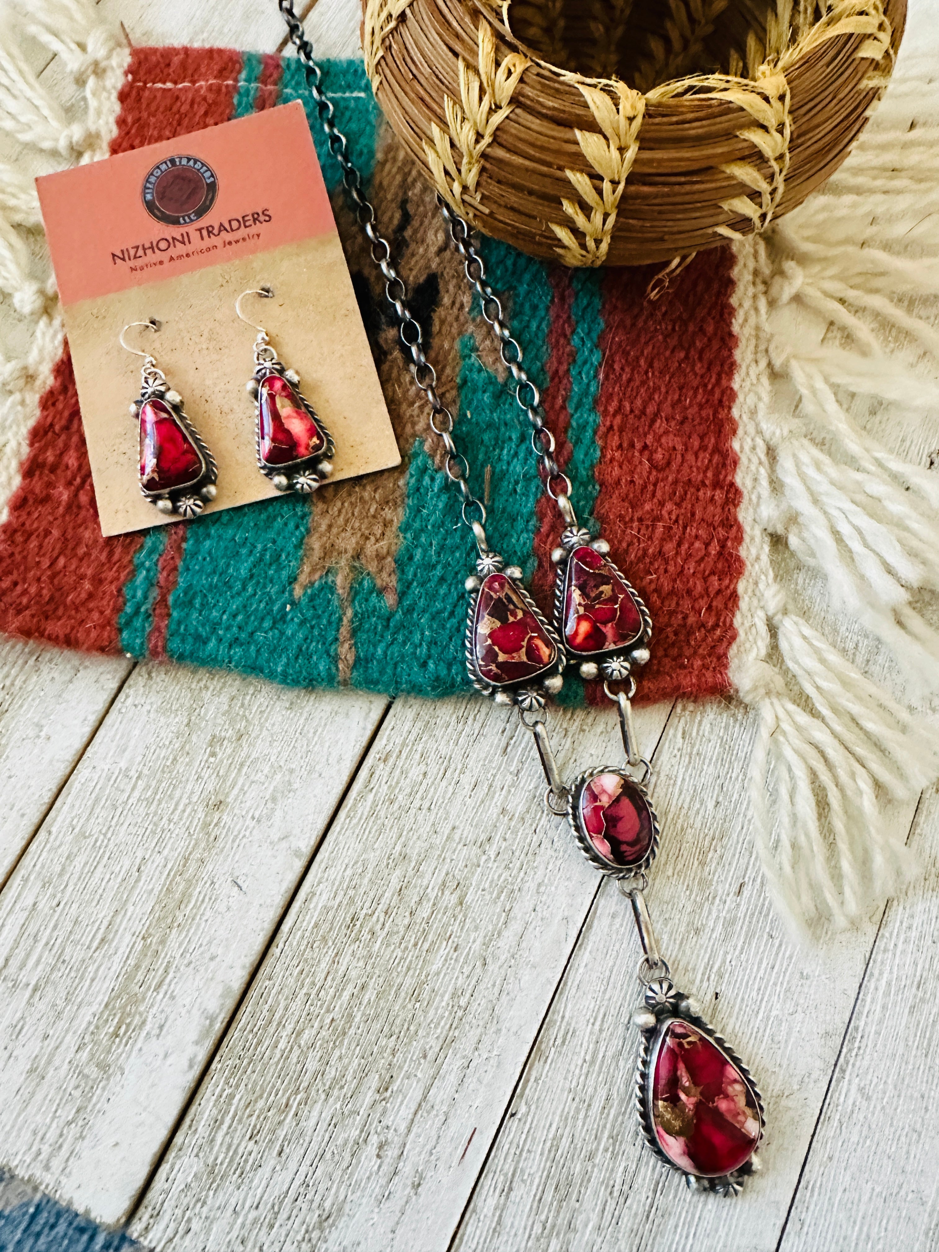 Handcrafted Sterling Silver & Rose Dahlia Lariat Necklace Set by Augustine Largo