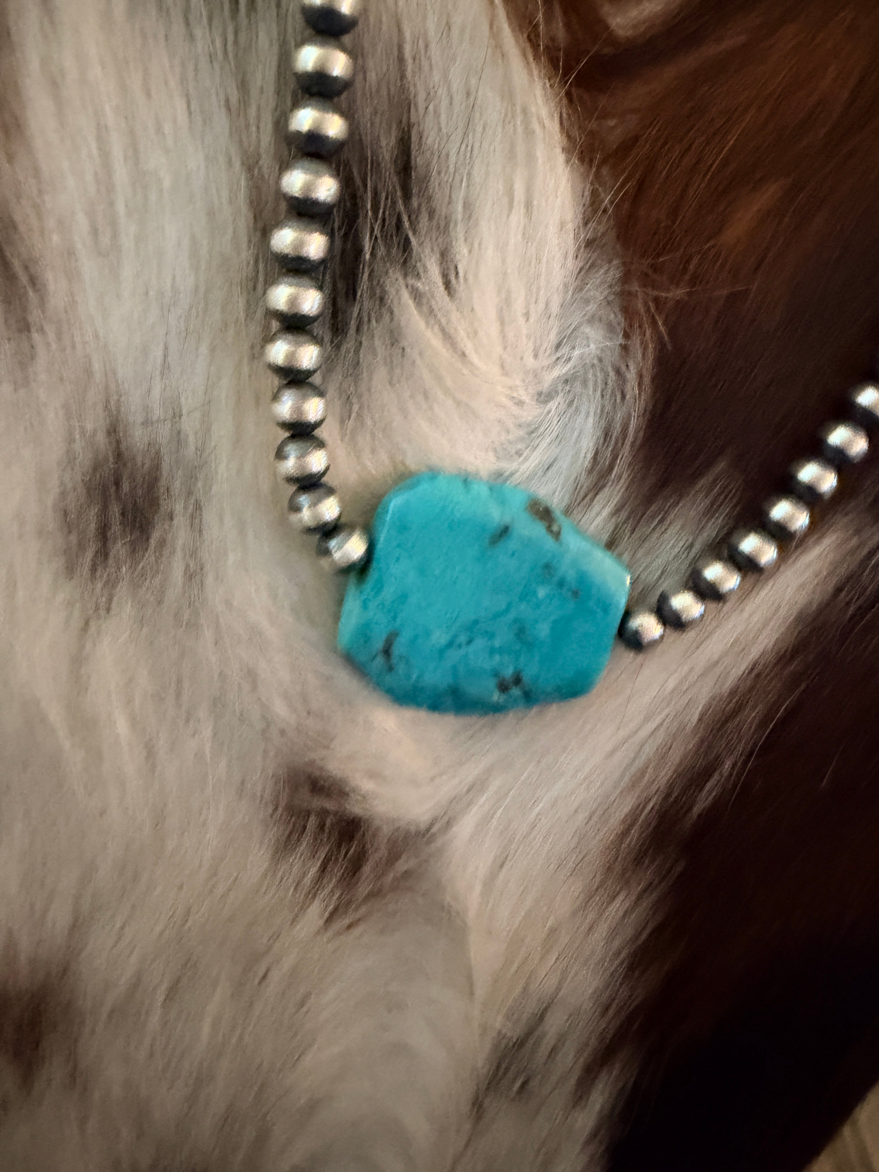 Handcrafted Kingman Turquoise & Sterling Silver Pearl 18” Beaded Necklace