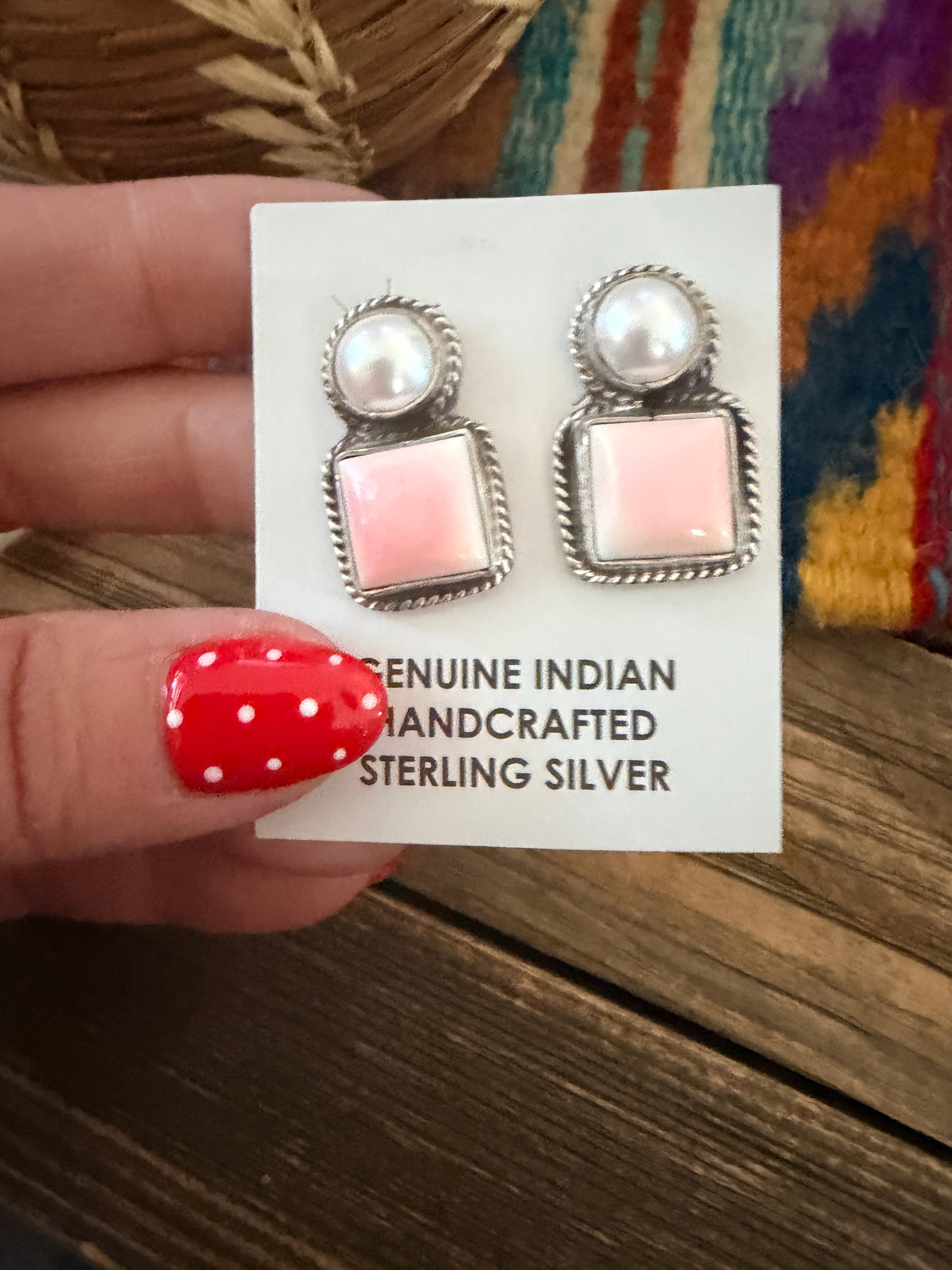 Handcrafted Queen Pink Conch, Pearl & Sterling Silver Post Earrings by Marcella James