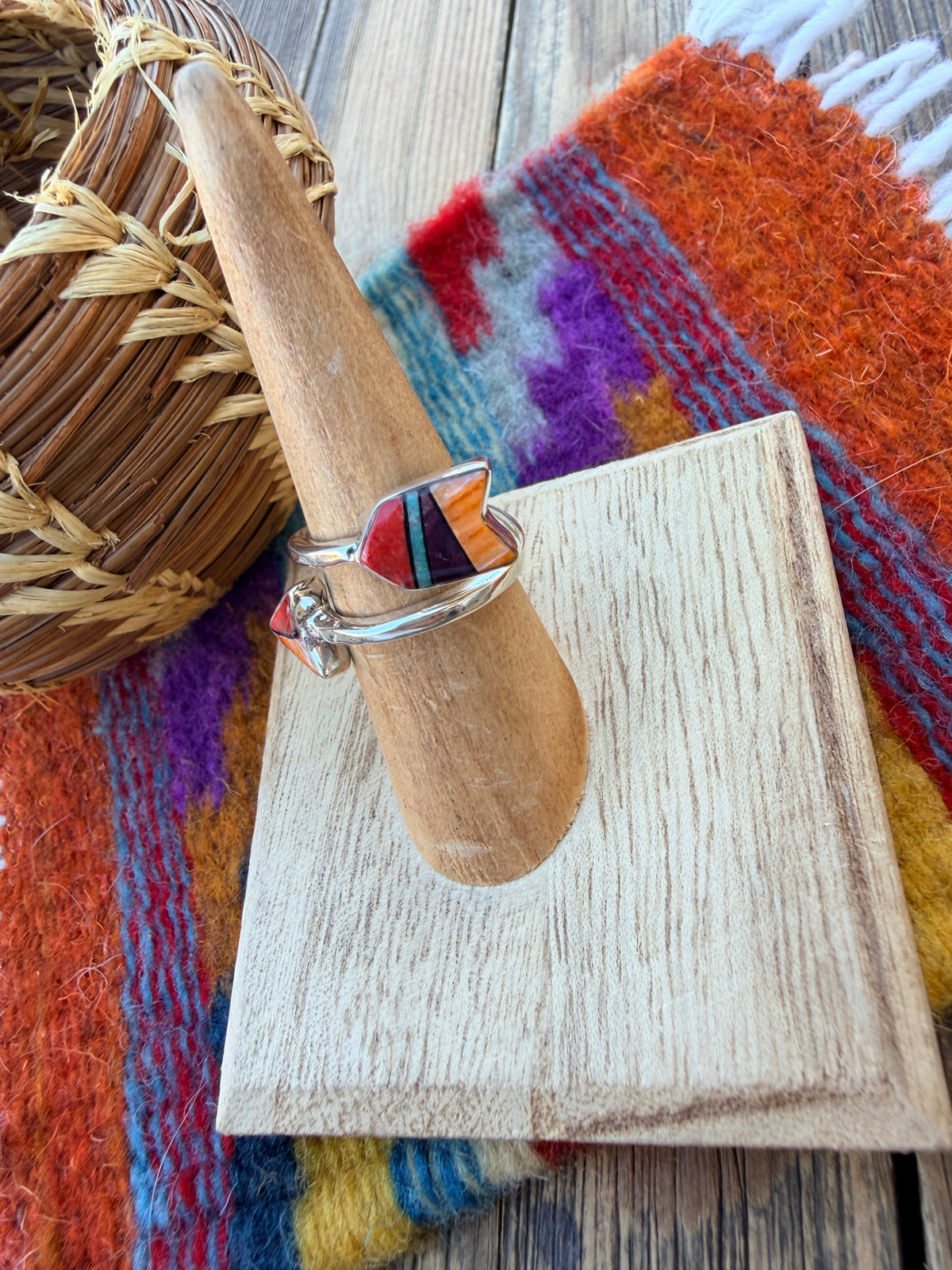 Handcrafted Sterling Silver, Spiny Oyster & Turquoise Inlay Adjustable Arrow Ring
