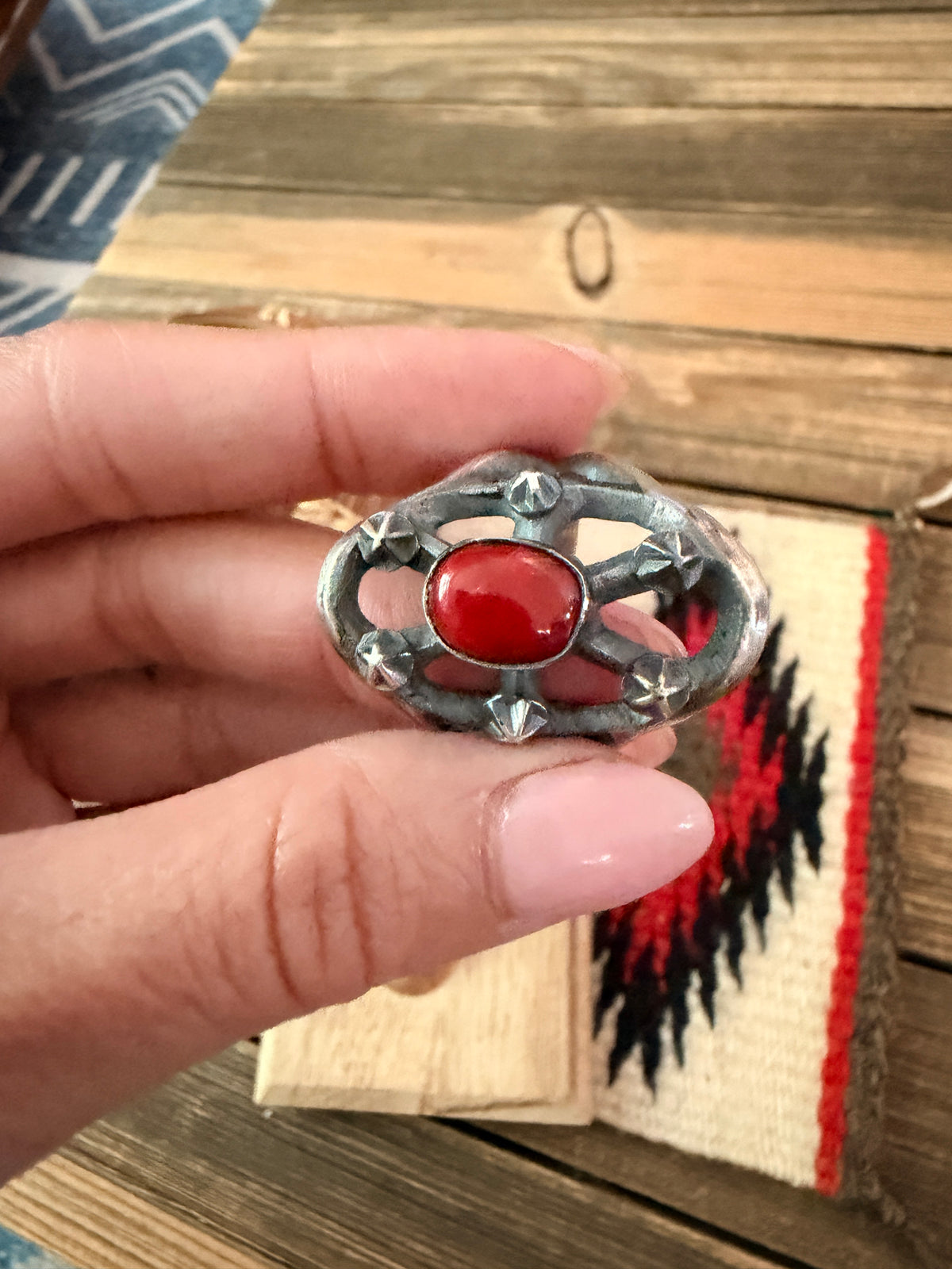 Handcrafted Coral and Sterling Silver Ring size 11 by Chimney Butte