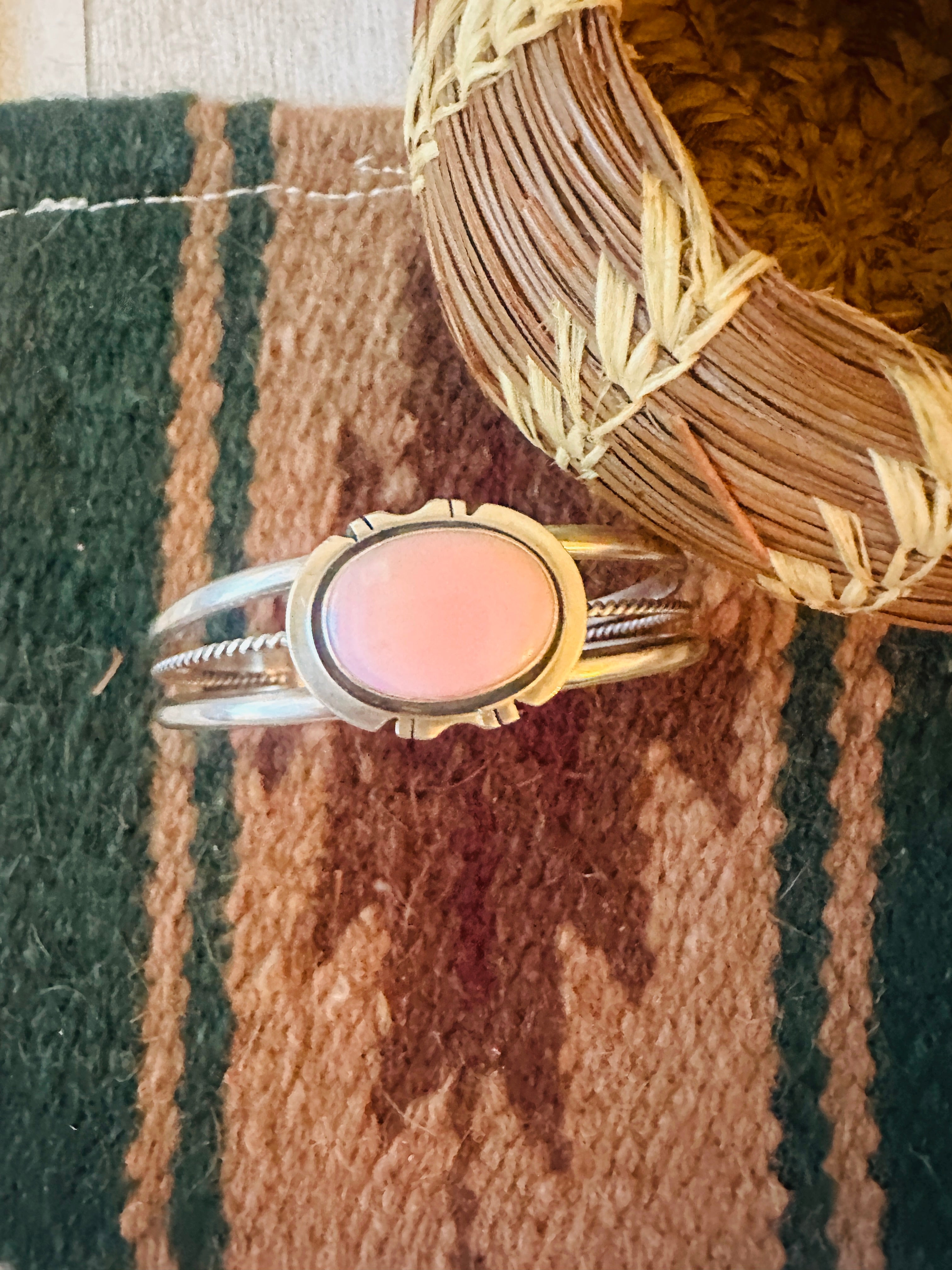 Handcrafted Queen Pink Conch Shell & Sterling Silver Cuff Bracelet