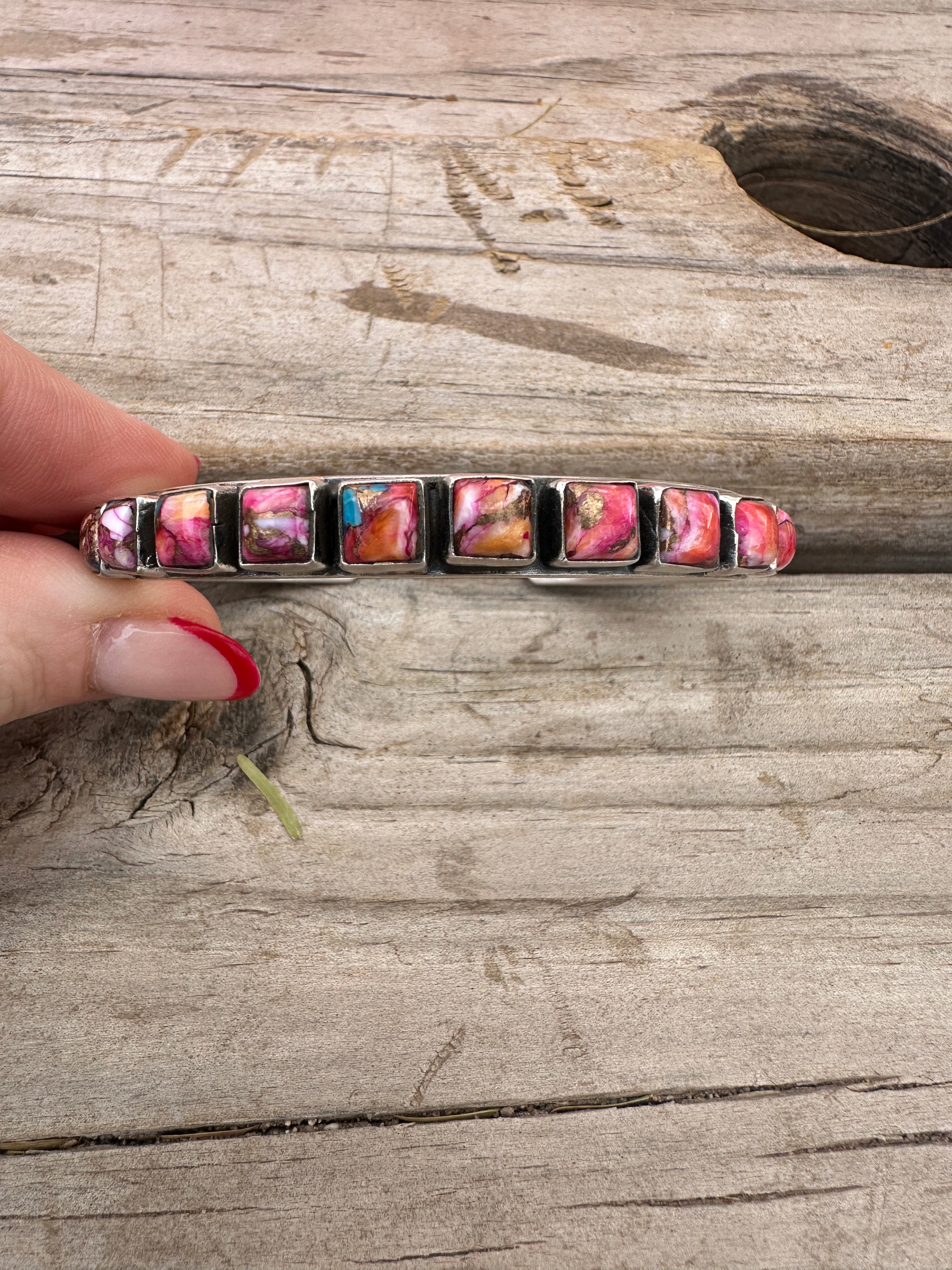 Handmade Sterling Silver & Pink Dream Mojave Adjustable Cuff Bracelet