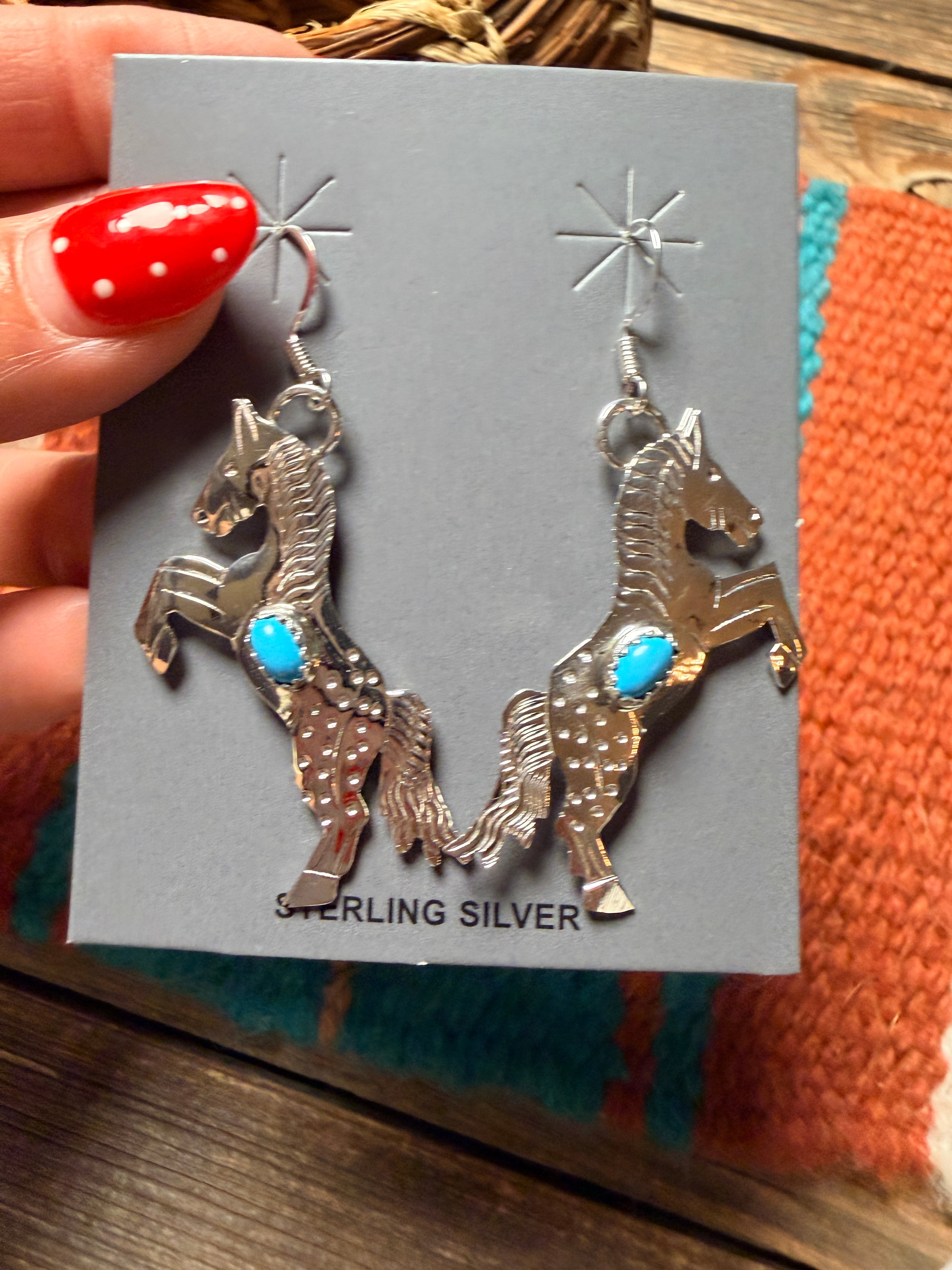 Handcrafted Turquoise & Sterling Silver Horse Dangle Earrings Signed