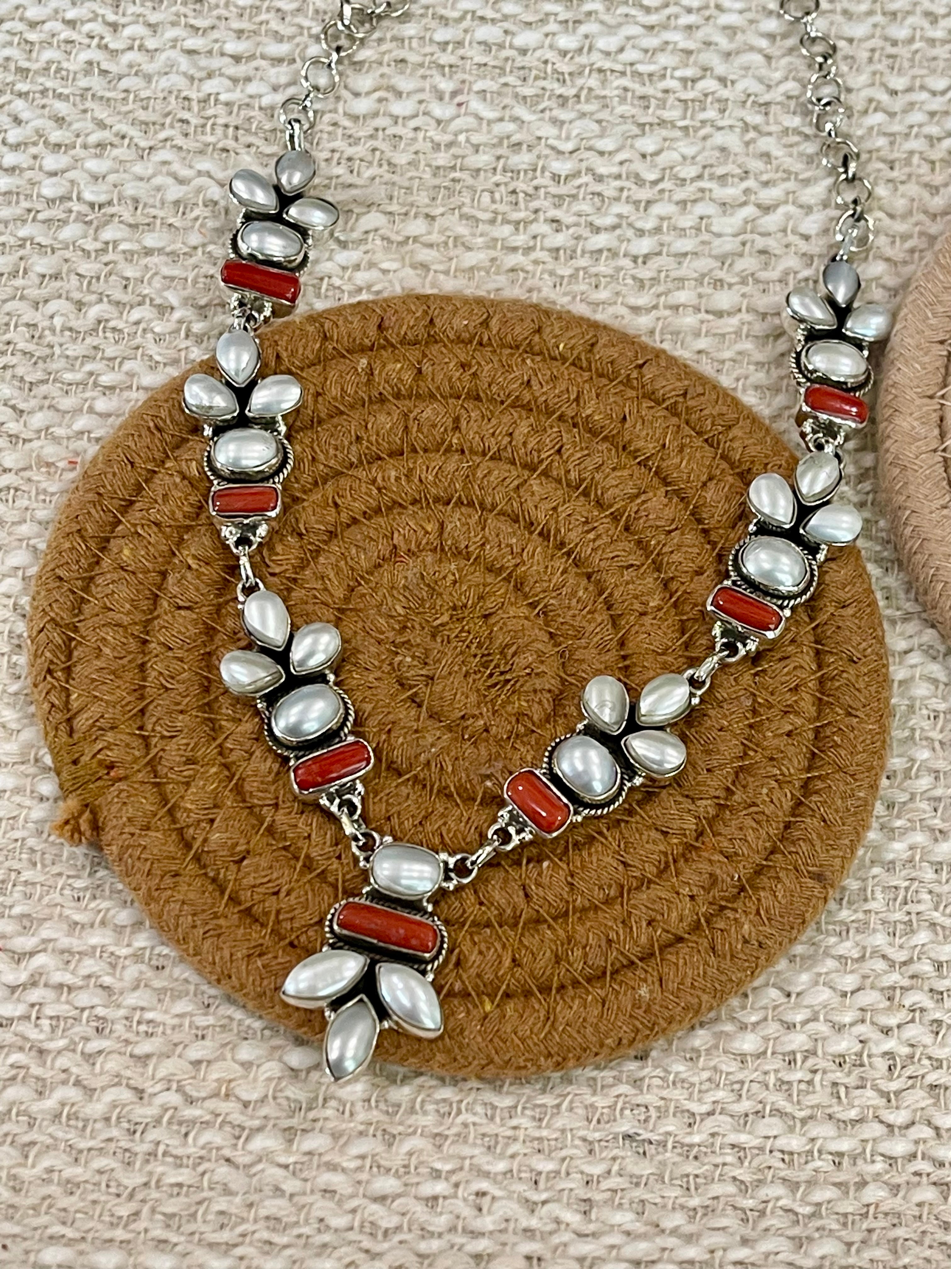 ** 4TH OF JULY ** Handmade Sterling , Silver Synthetic Opal & Coral Necklace, Earring & Ring Set with Signed Nizhoni