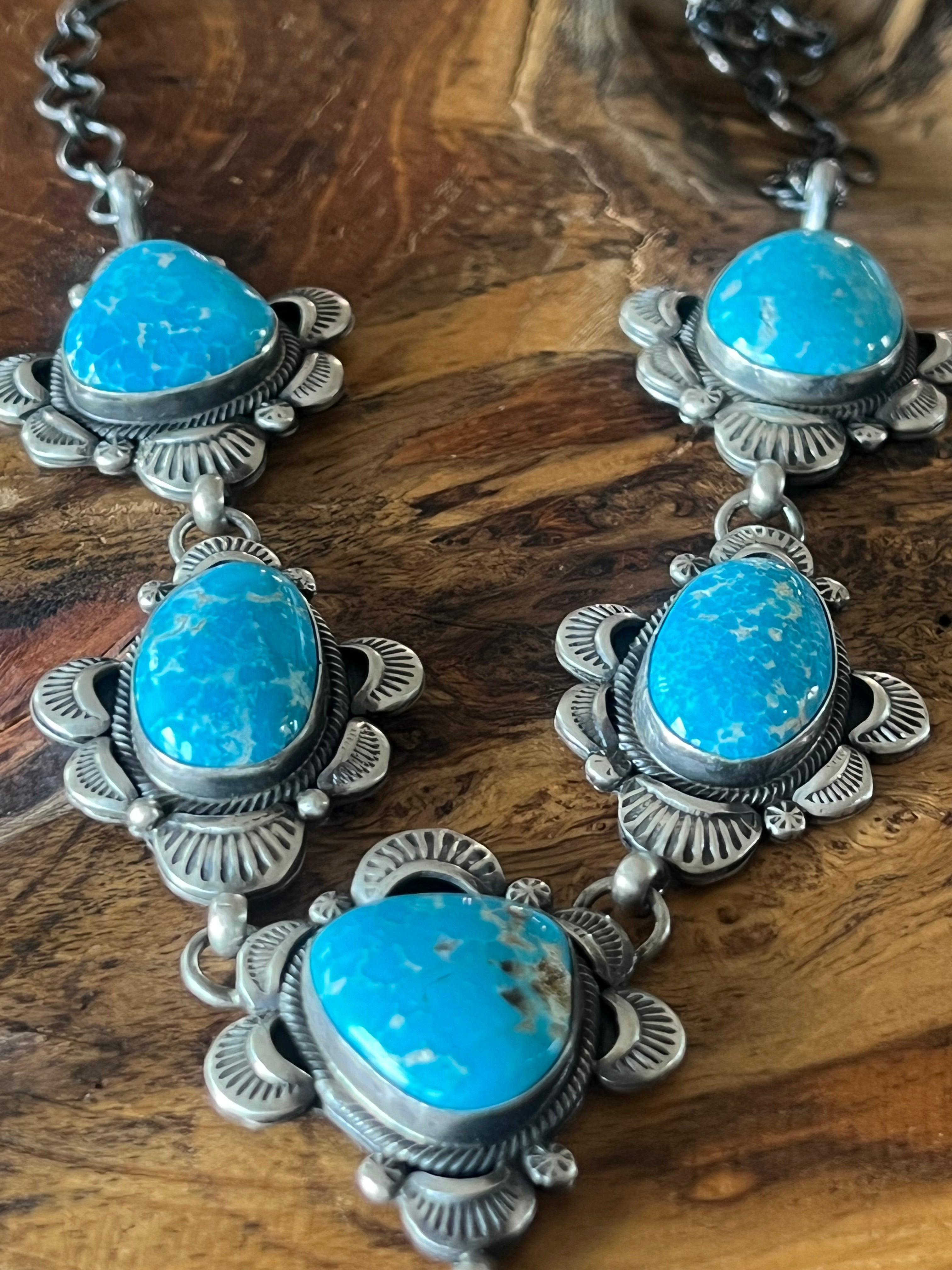 Handcrafted Stellar Sterling Silver and Whitewater Turquoise Necklace and Earrings Set by Gilbert Tom