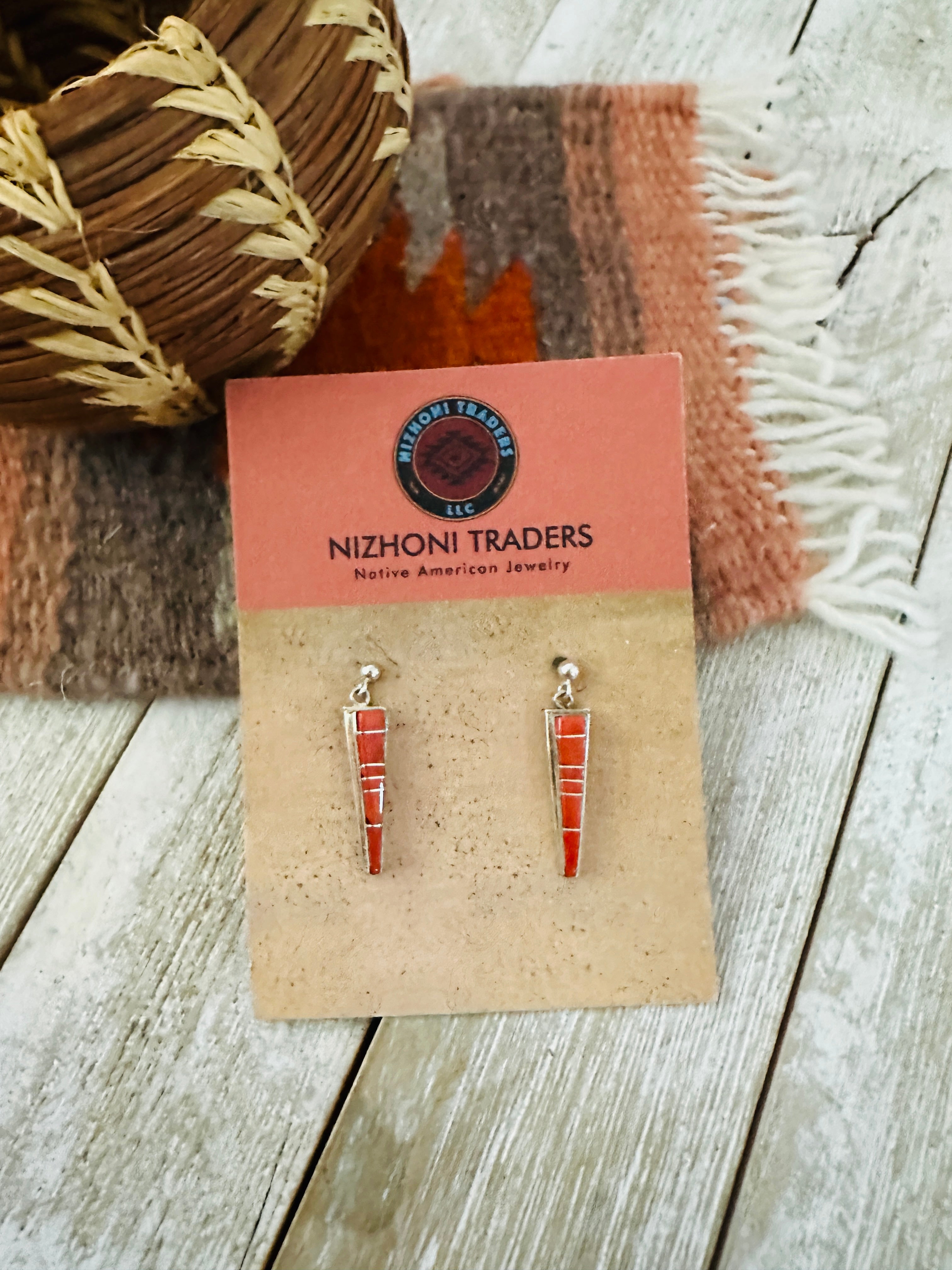 Handcrafted Sterling Silver & Coral Inlay Dangle Earrings