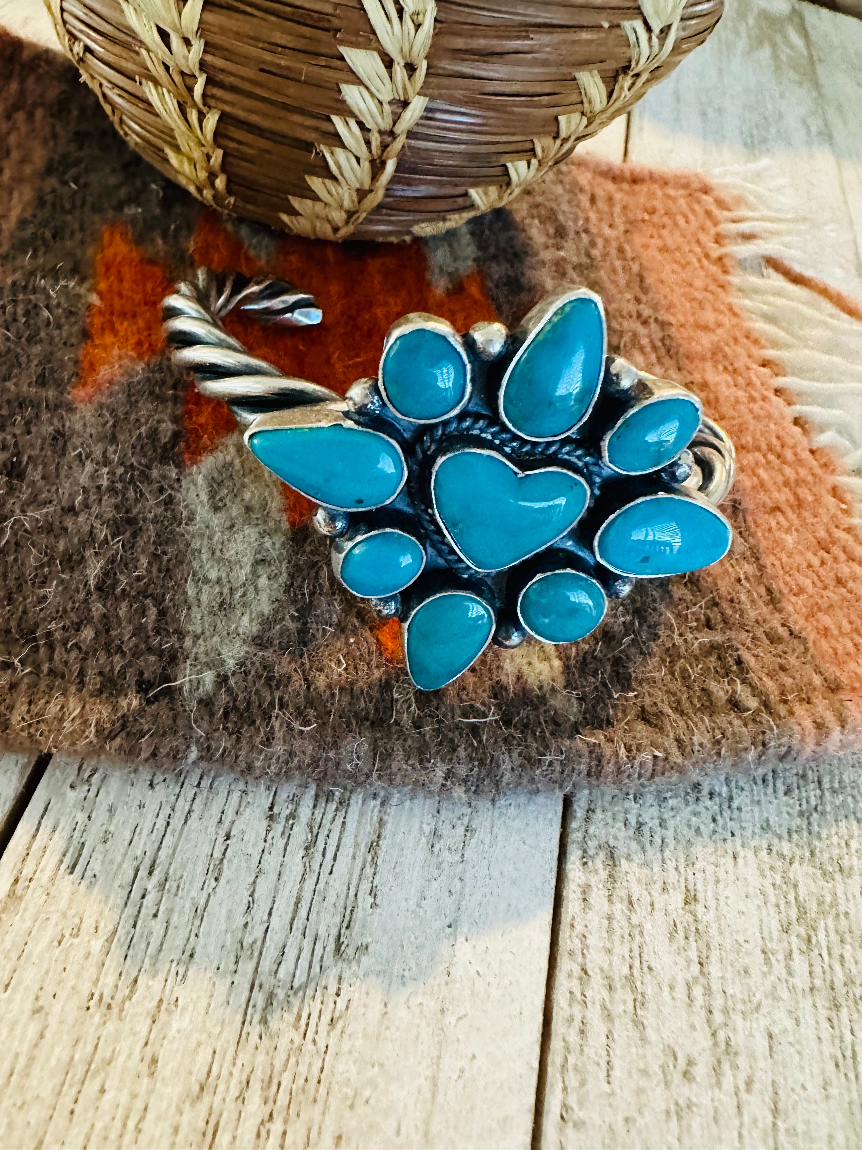 Navajo Kingman Turquoise & Sterling Silver Heart Cuff Bracelet /