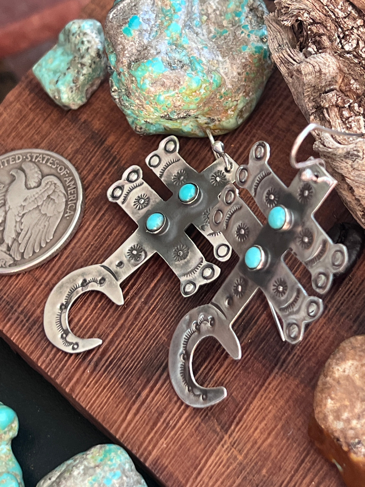 Hand Stamped Sterling Silver Dragonfly Cross Crescent Moon Dangle Earrings with Kingman Turquoise by Kimari Somers, Shaped Bars