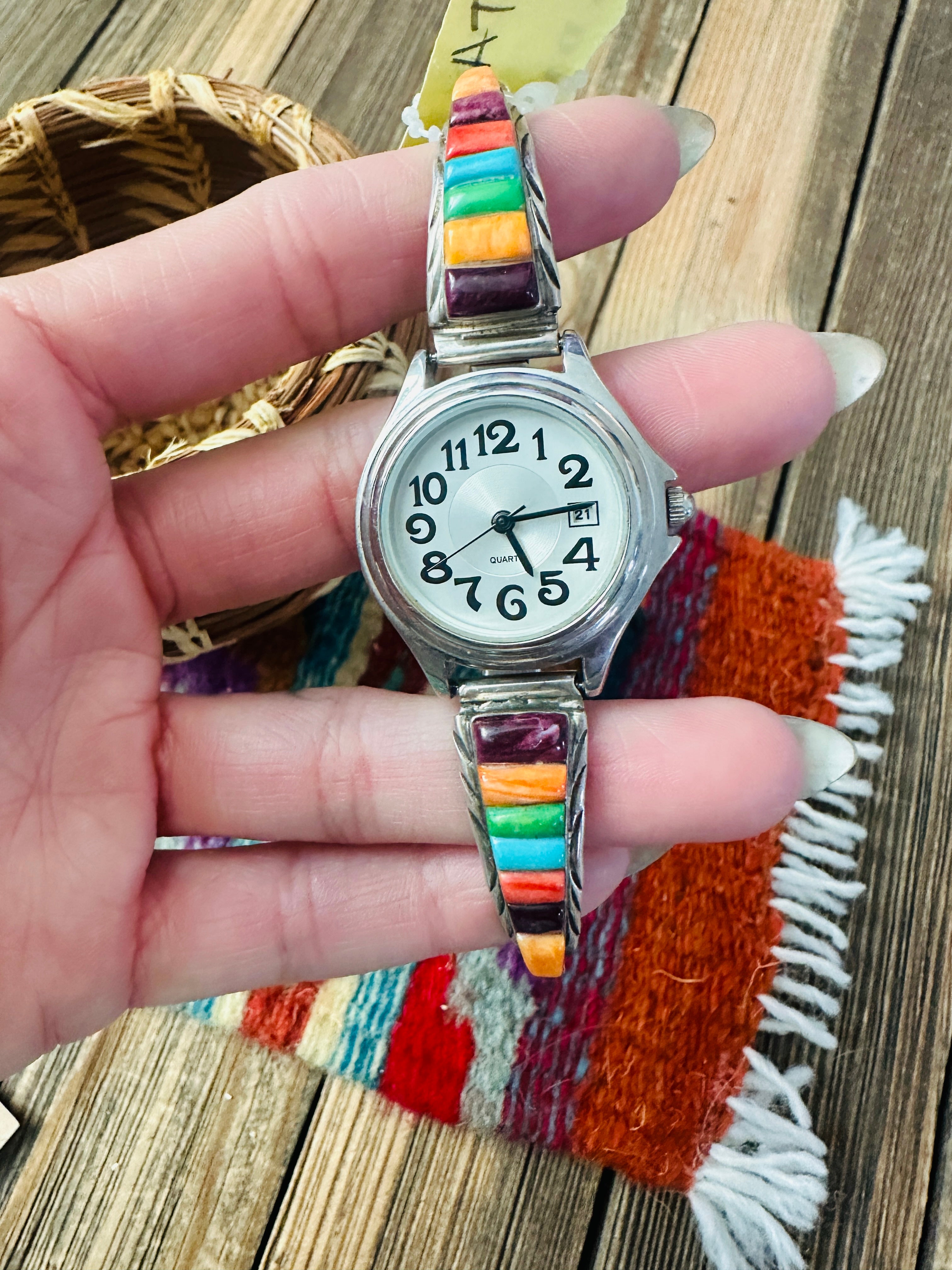 Handcrafted Old Pawn Multi Stone & Sterling Silver Inlay Watch