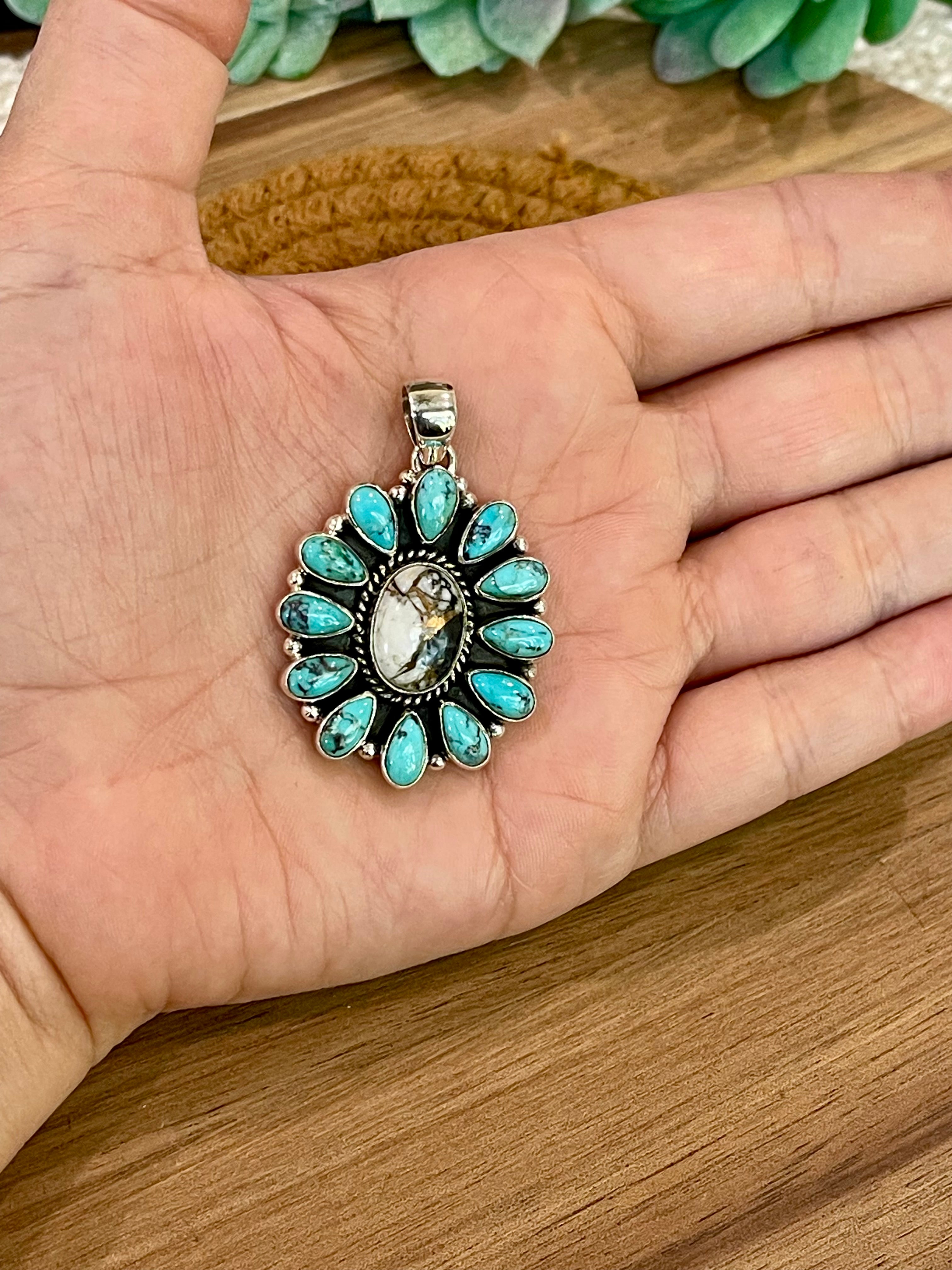 Handmade Sterling Silver,Turquoise & White Buffalo Mojave Cluster Pendant