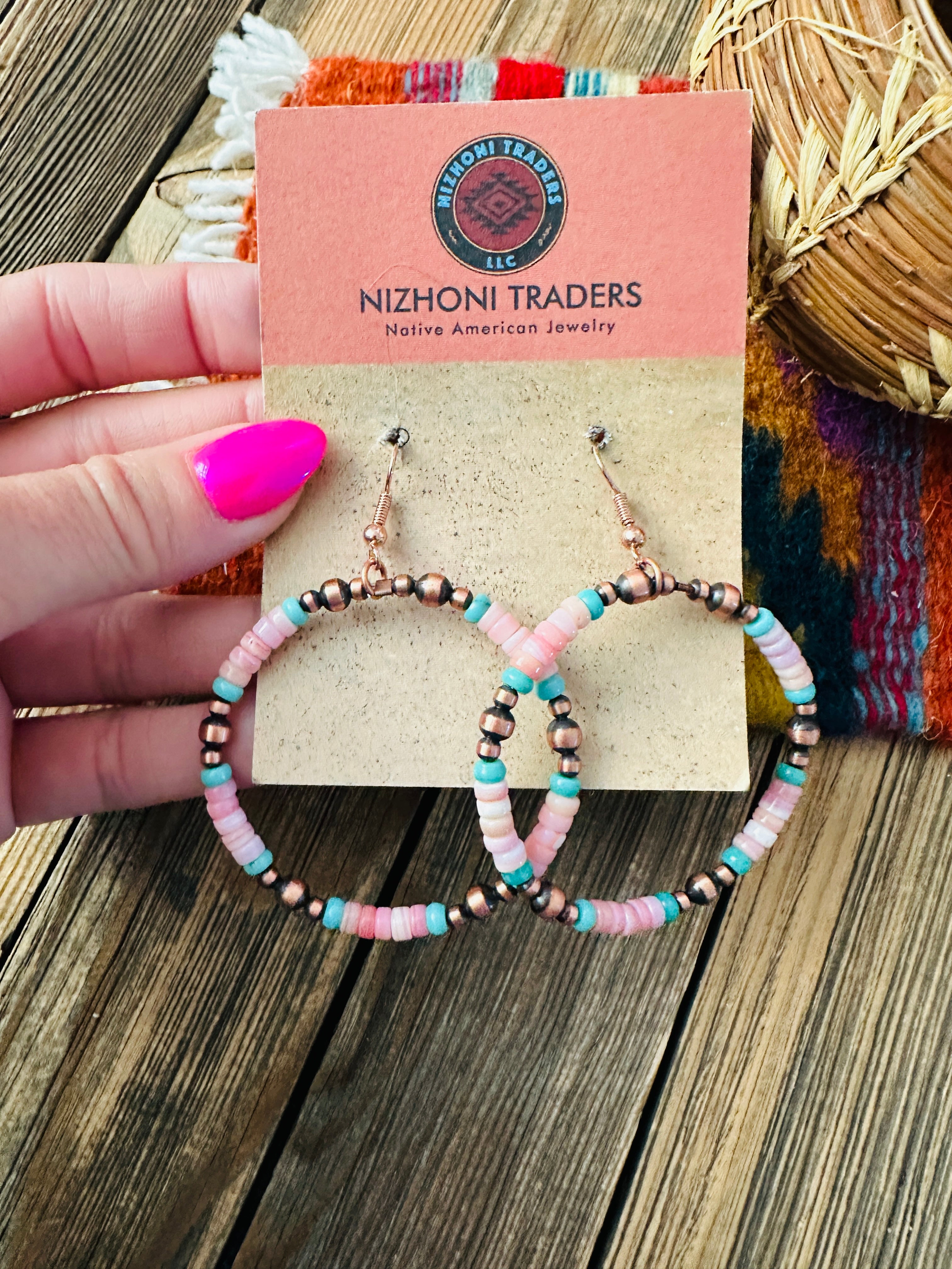 Handcrafted Queen Pink Conch, Turquoise & Copper Beaded Dangle Hoop Earrings
