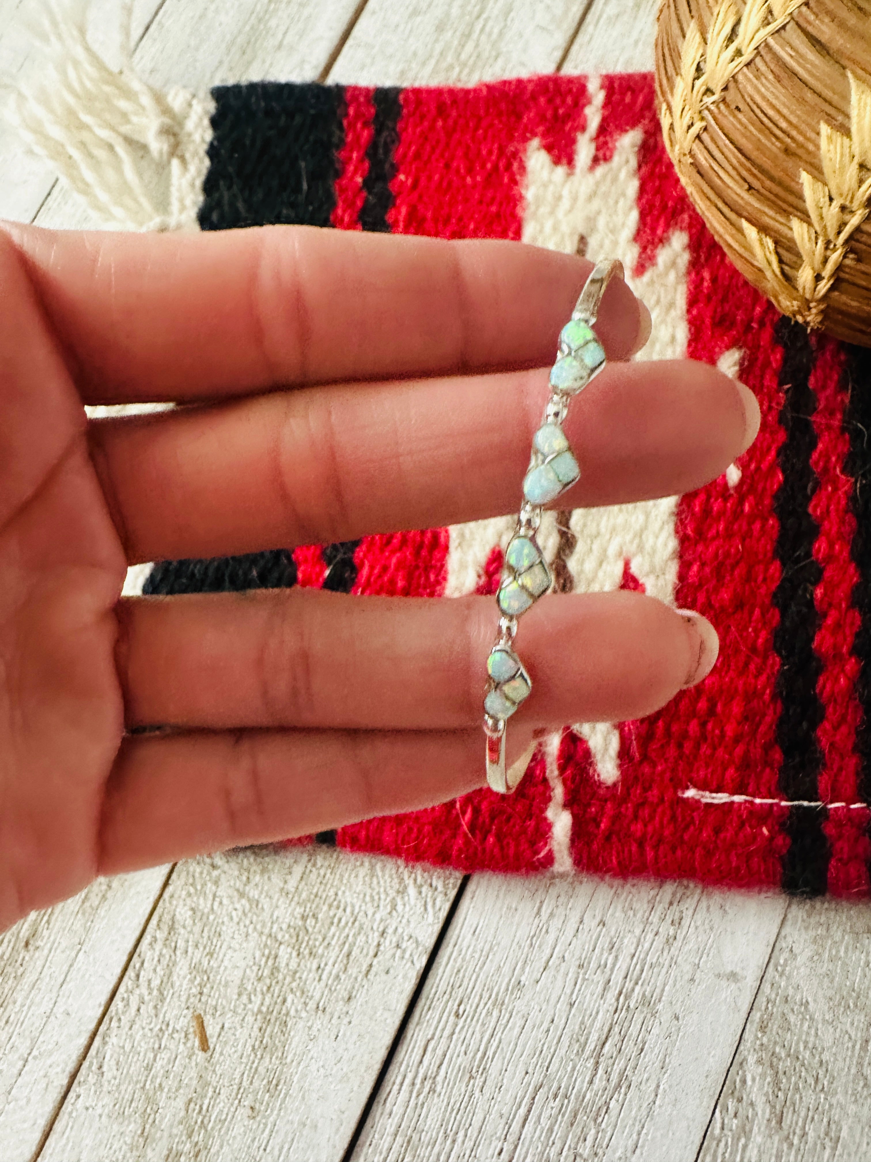 Zuni Sterling Silver & White Opal Heart Inlay Cuff Bracelet