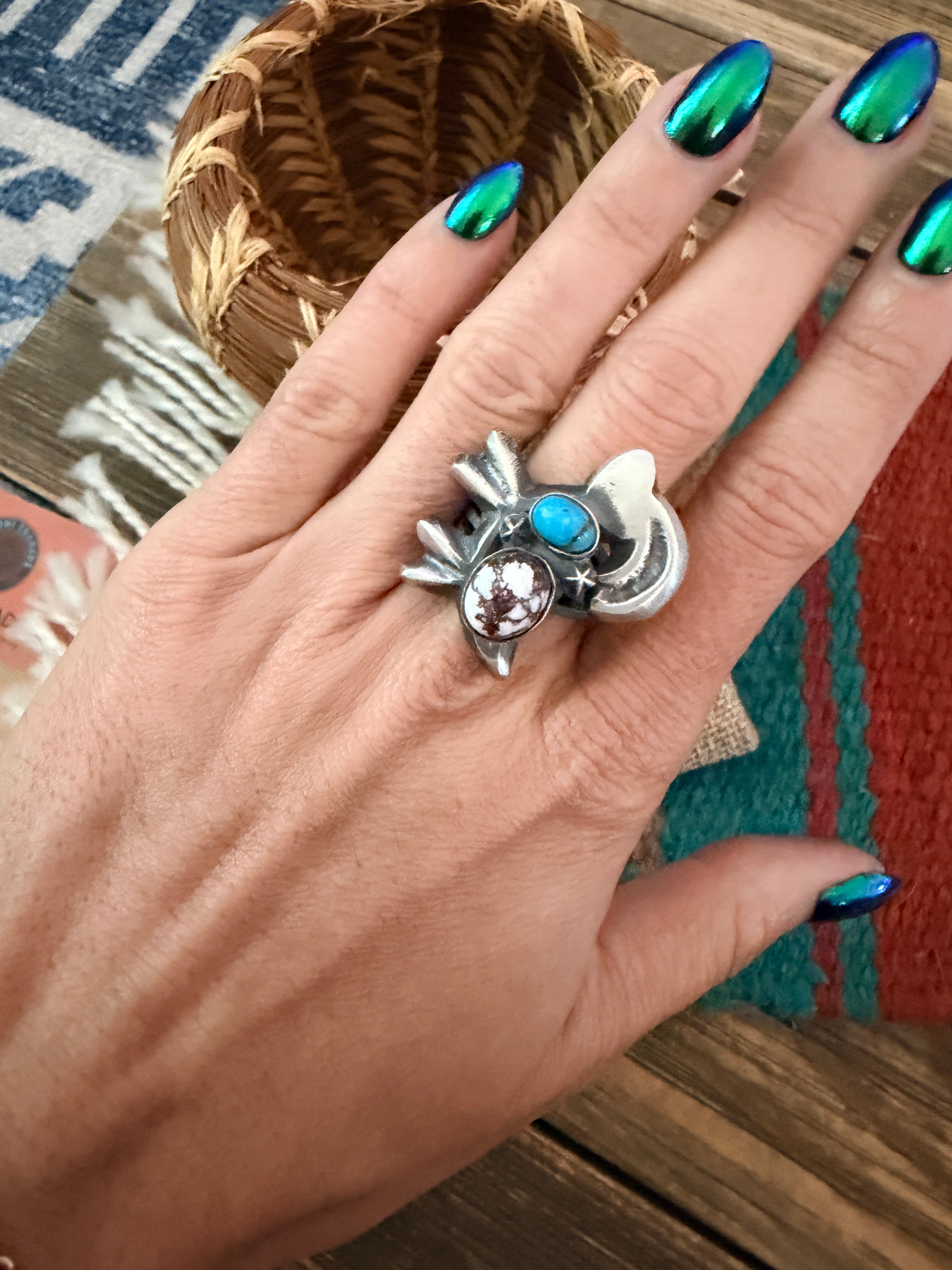 Handcrafted Wild Horse, Turquoise and Sterling Silver Goat Ring size 6.75 by Chimney Butte