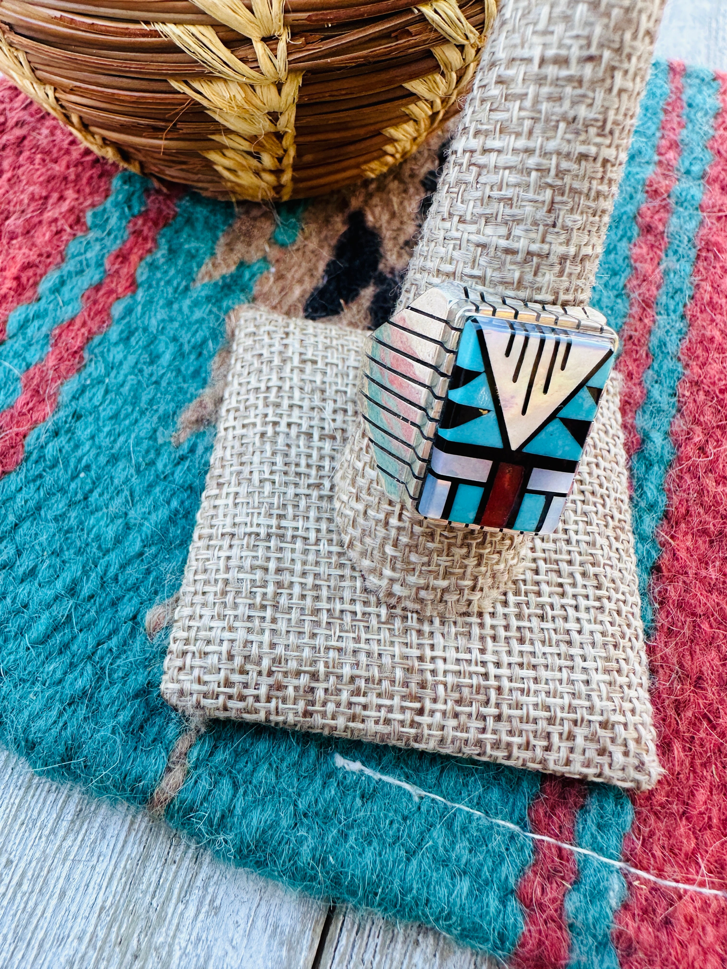 Handcrafted Multi Stone & Sterling Silver Inlay Ring Size 10.75