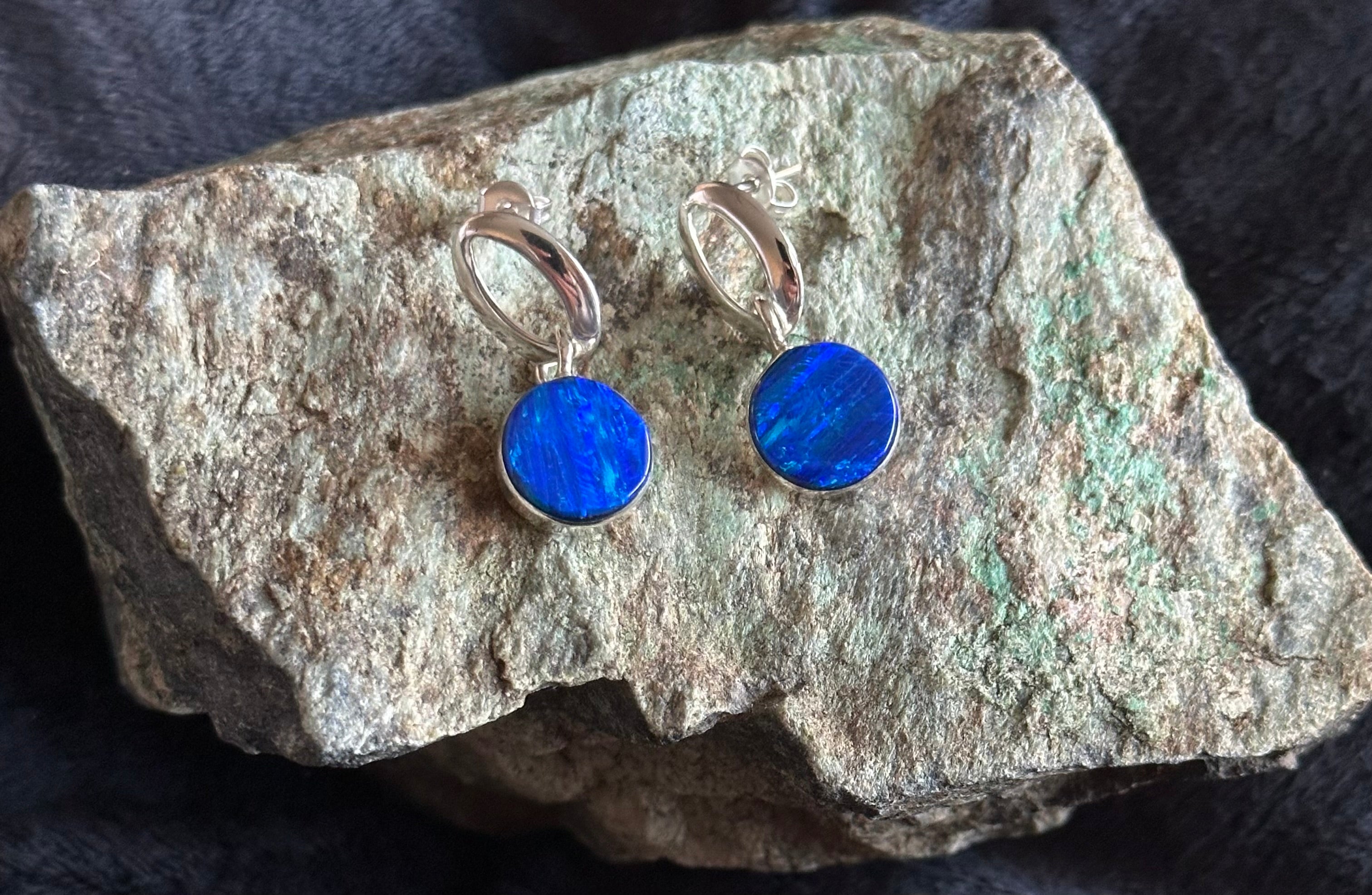 Dark Blue Opal Dangle Sterling Silver Earrings