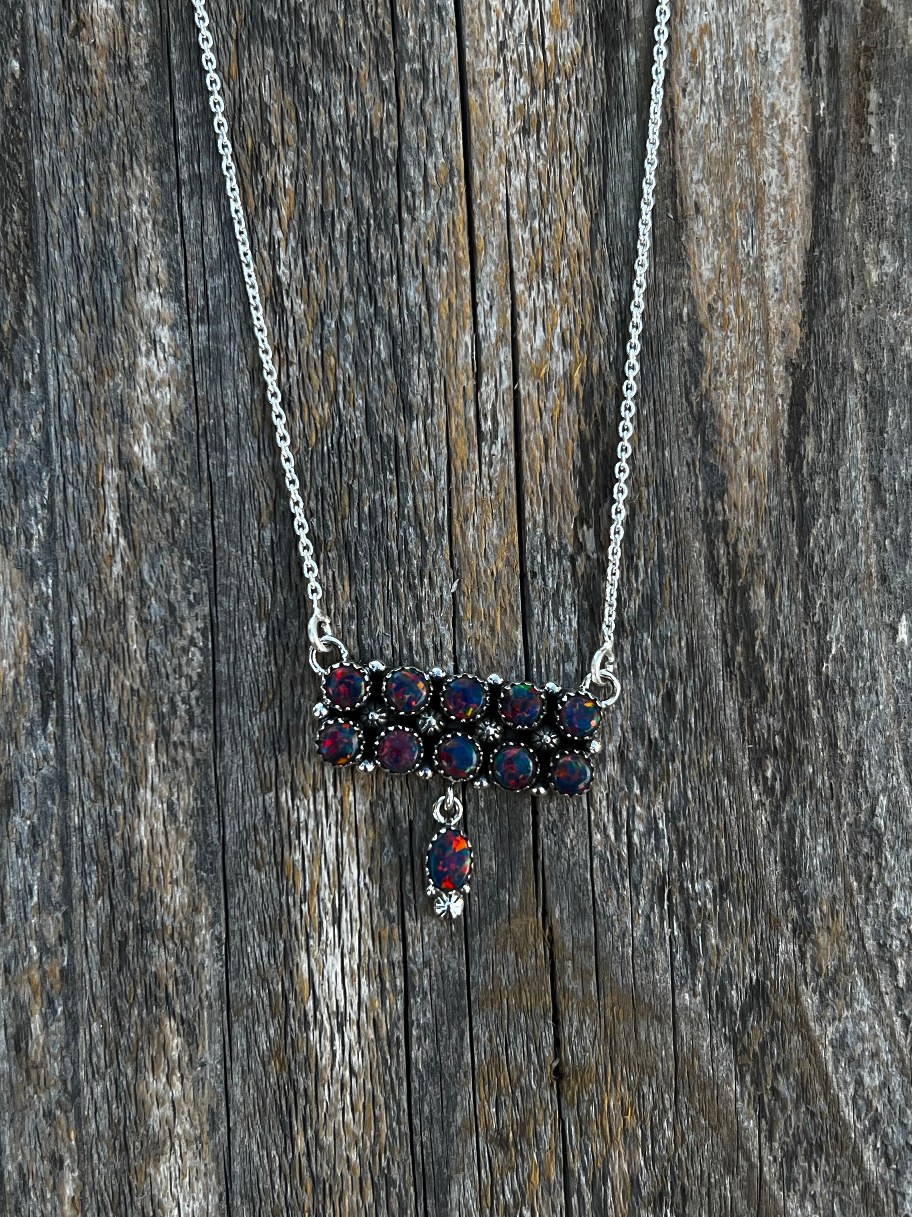 Handmade Sterling Silver & Fire Blue Opal Tear Drop Dangle, Bar Necklace