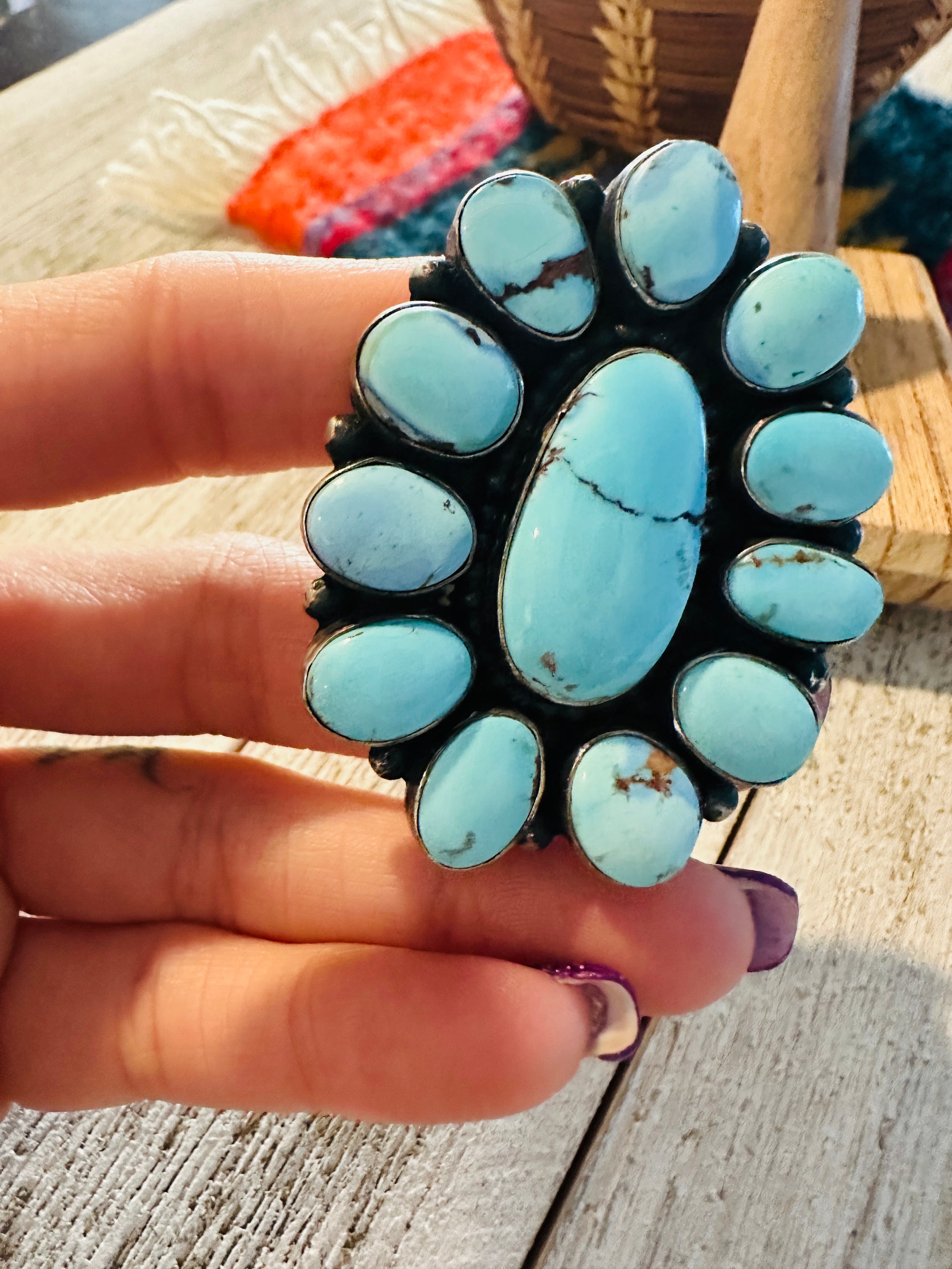 Navajo Golden Hills Turquoise & Sterling Silver Cluster Ring by Blaine Yellowhorse, Size 7