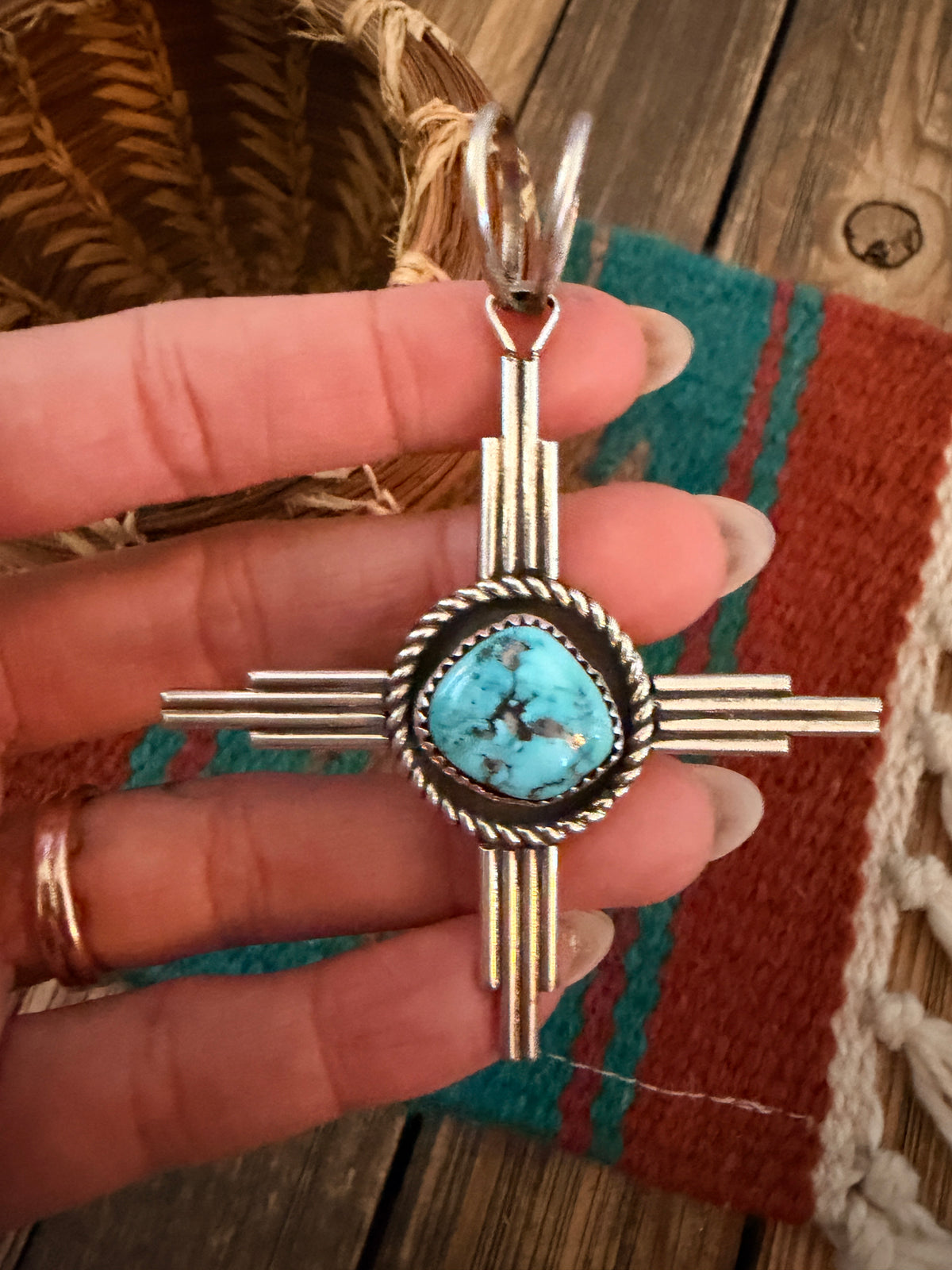 Handcrafted Sterling Silver & Turquoise Zia Cross Pendant