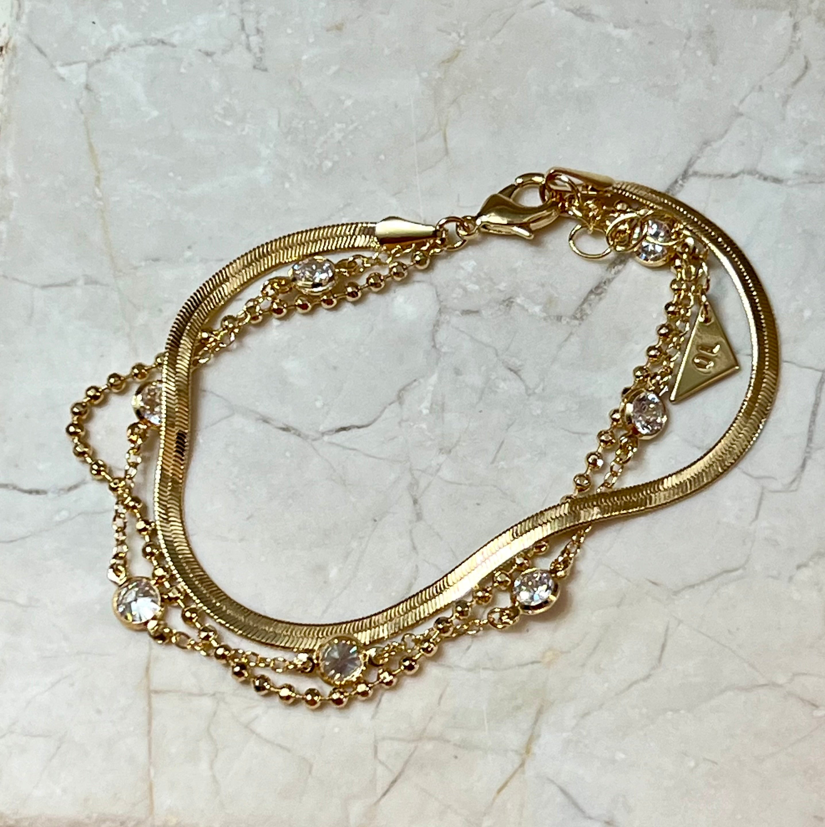 Paisley CZ & Layered Chain Bracelet 14k Gold