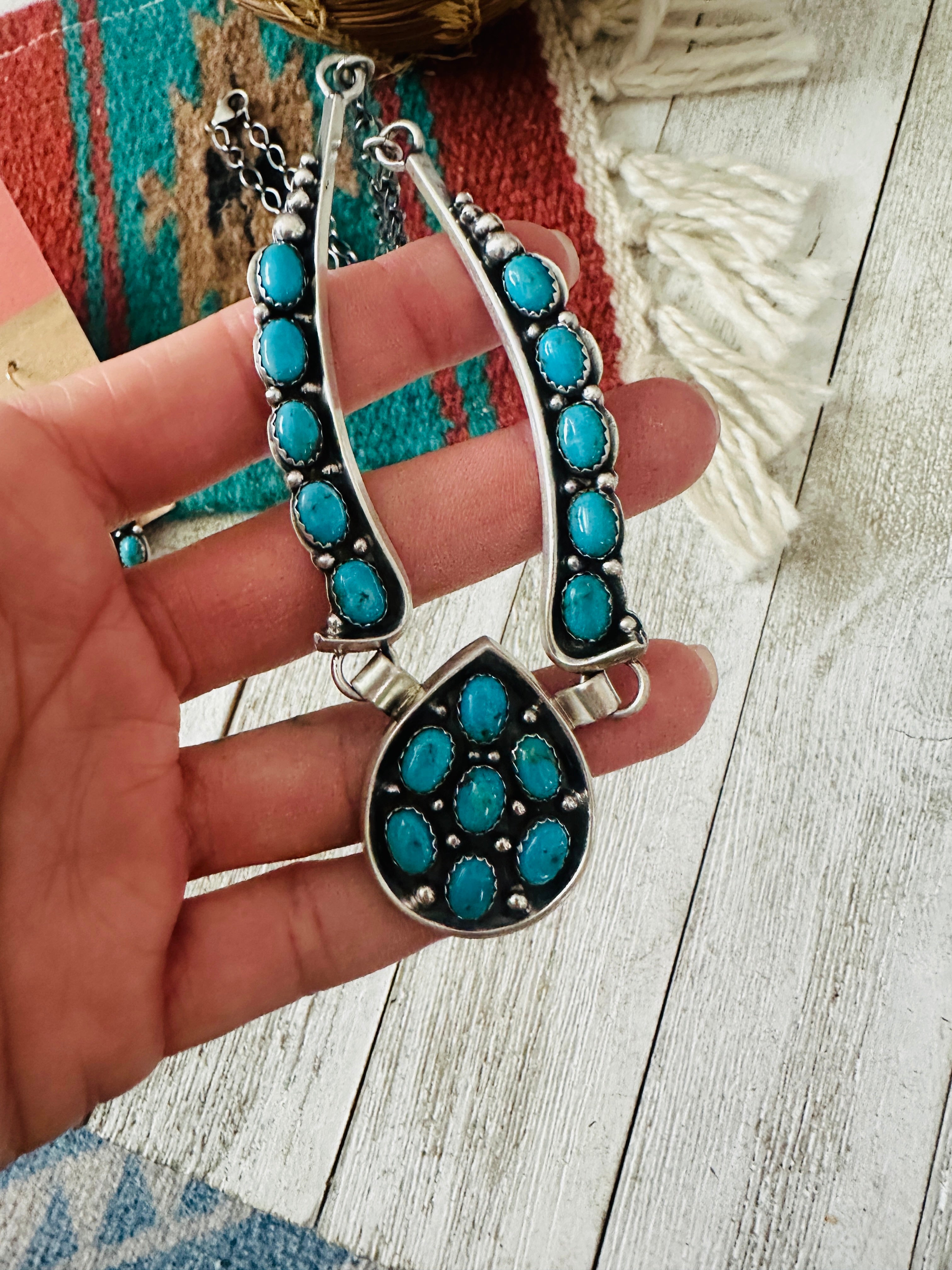 Navajo Sterling Silver & Turquoise Cluster Necklace and Earring Set