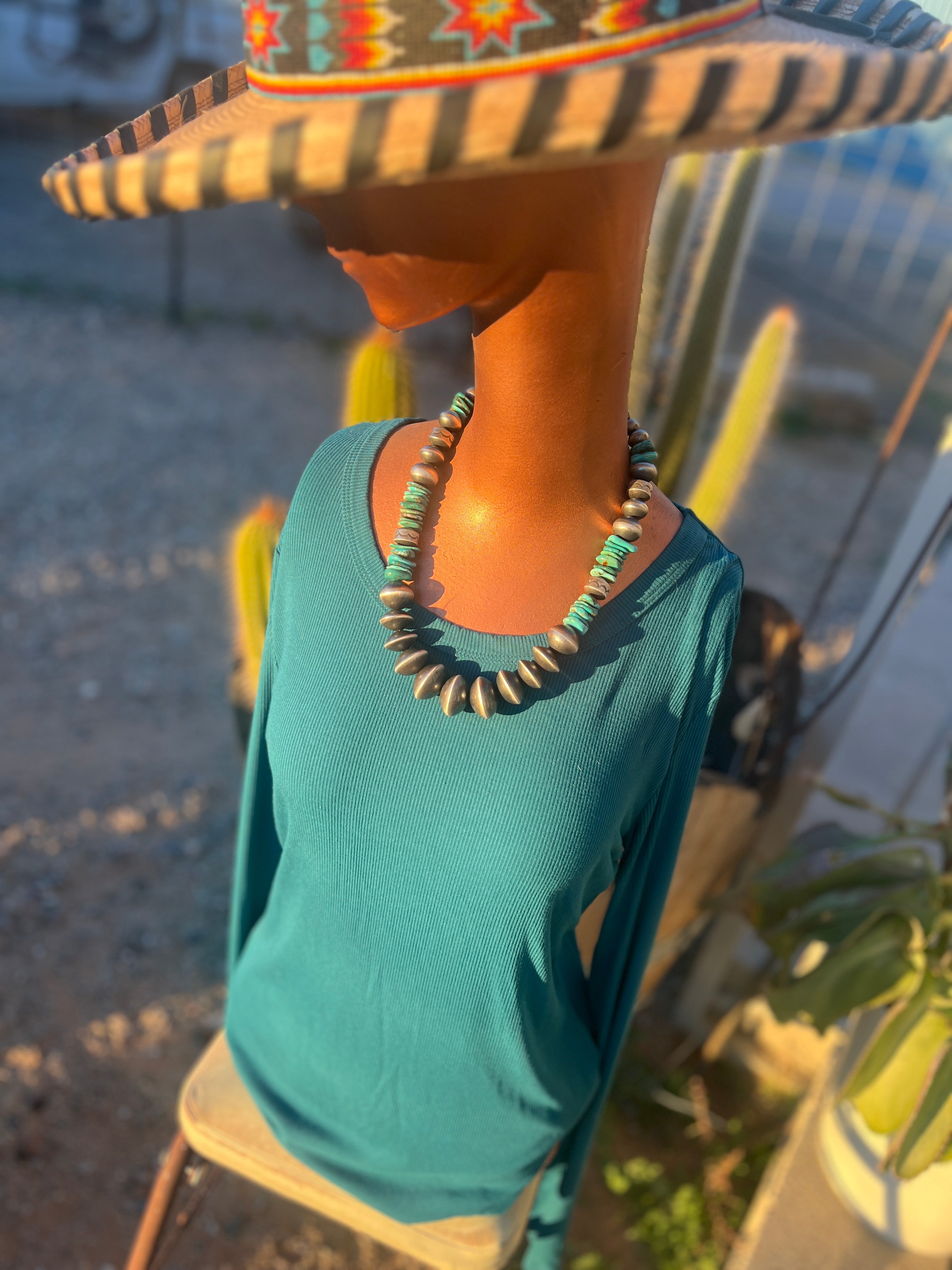 Handcrafted Chunky Sterling Silver and Kingman Turquoise Beaded Necklace by Rose Martin, 21 inches