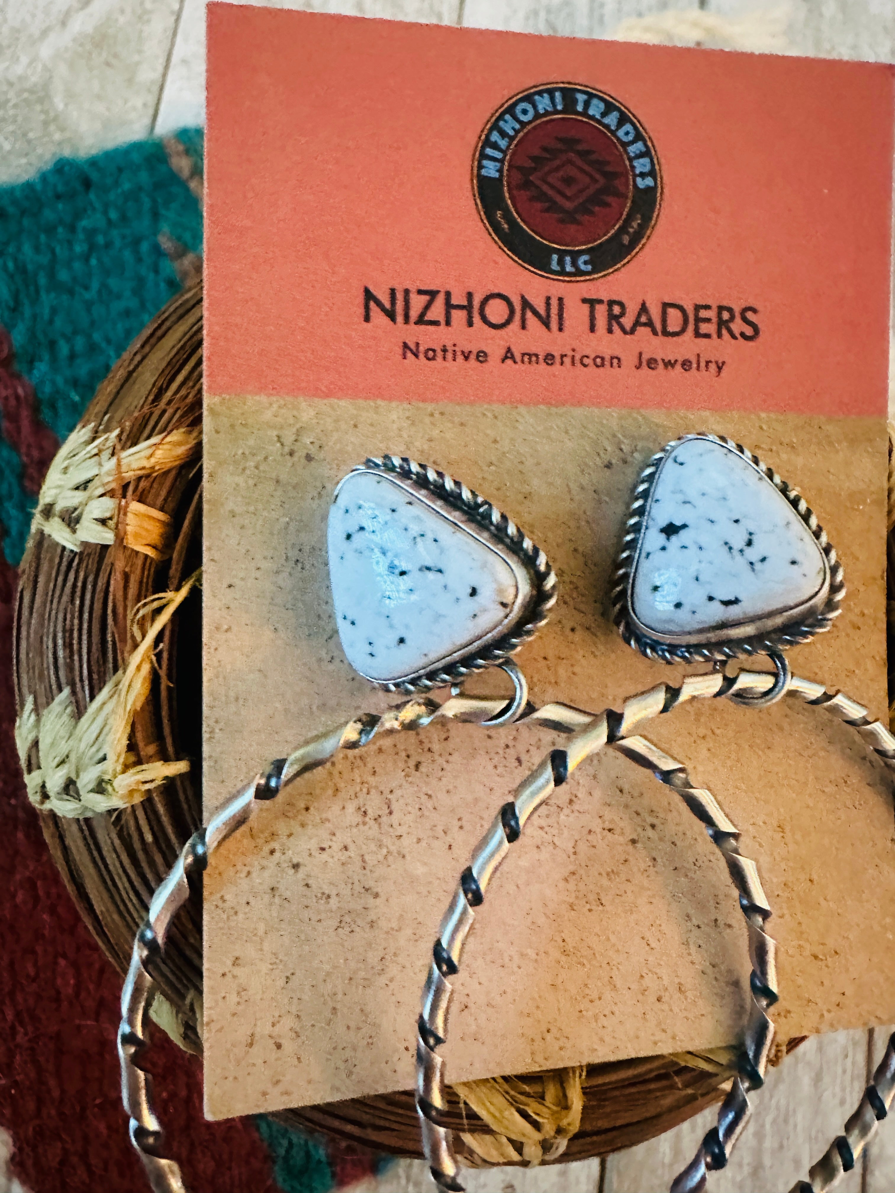 Navajo White Buffalo and Sterling Silver Dangle Hoop Earrings