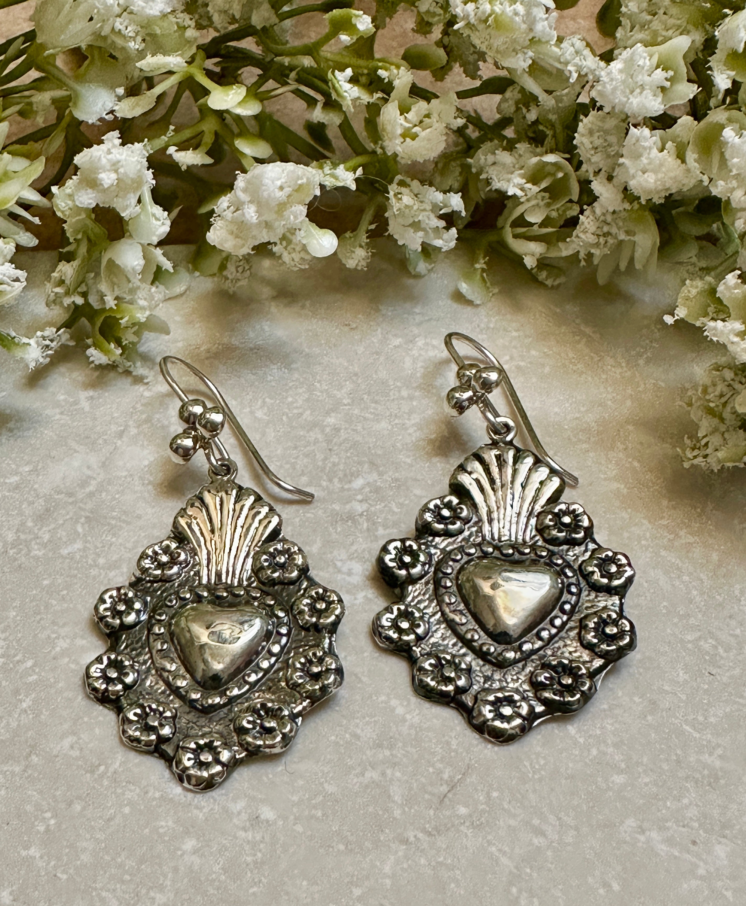 Sterling Silver Sacred Heart & Flower Hook Earrings