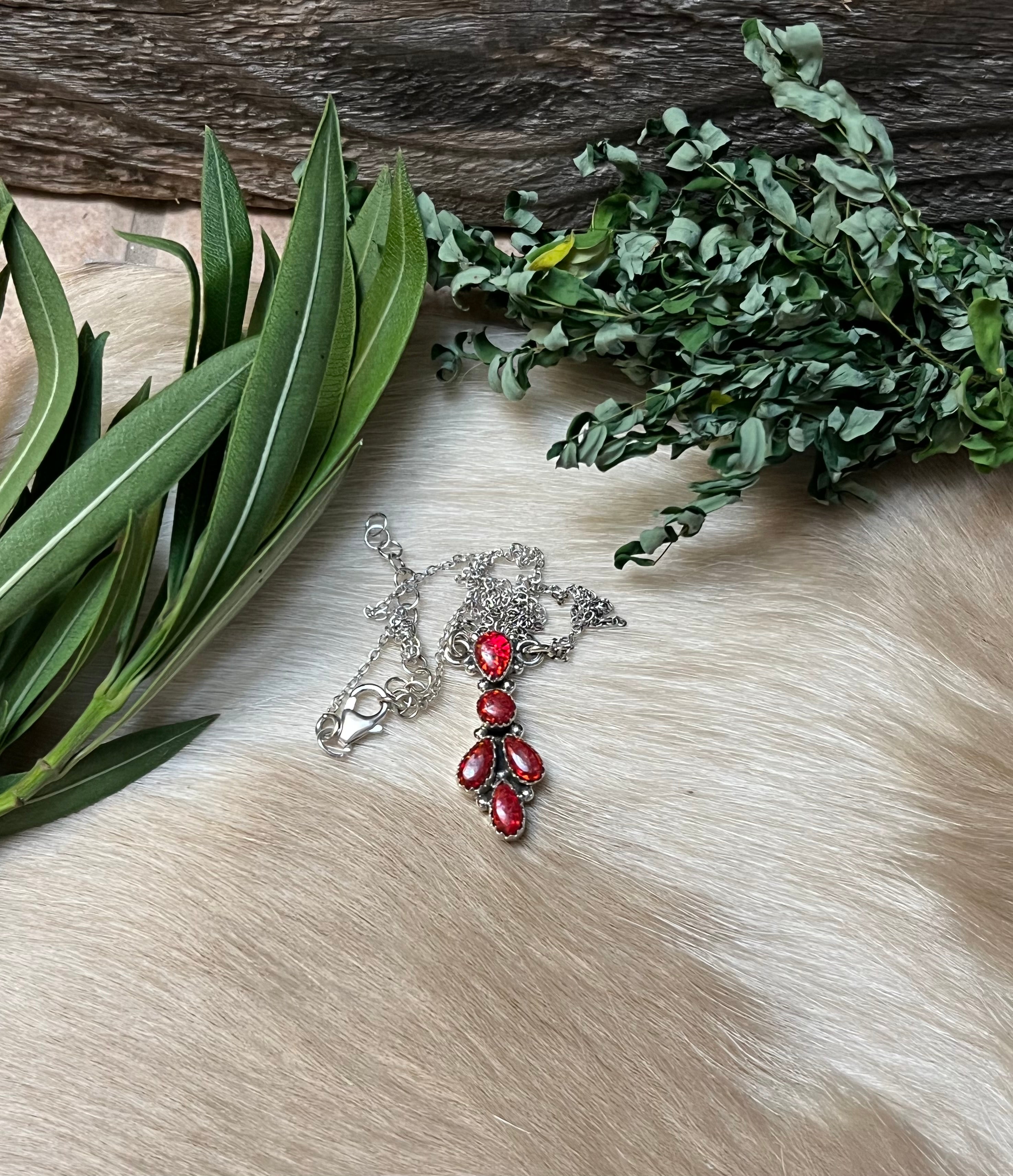 Handmade Fire Red Opal Tear Drop Cluster Sterling Silver Necklace