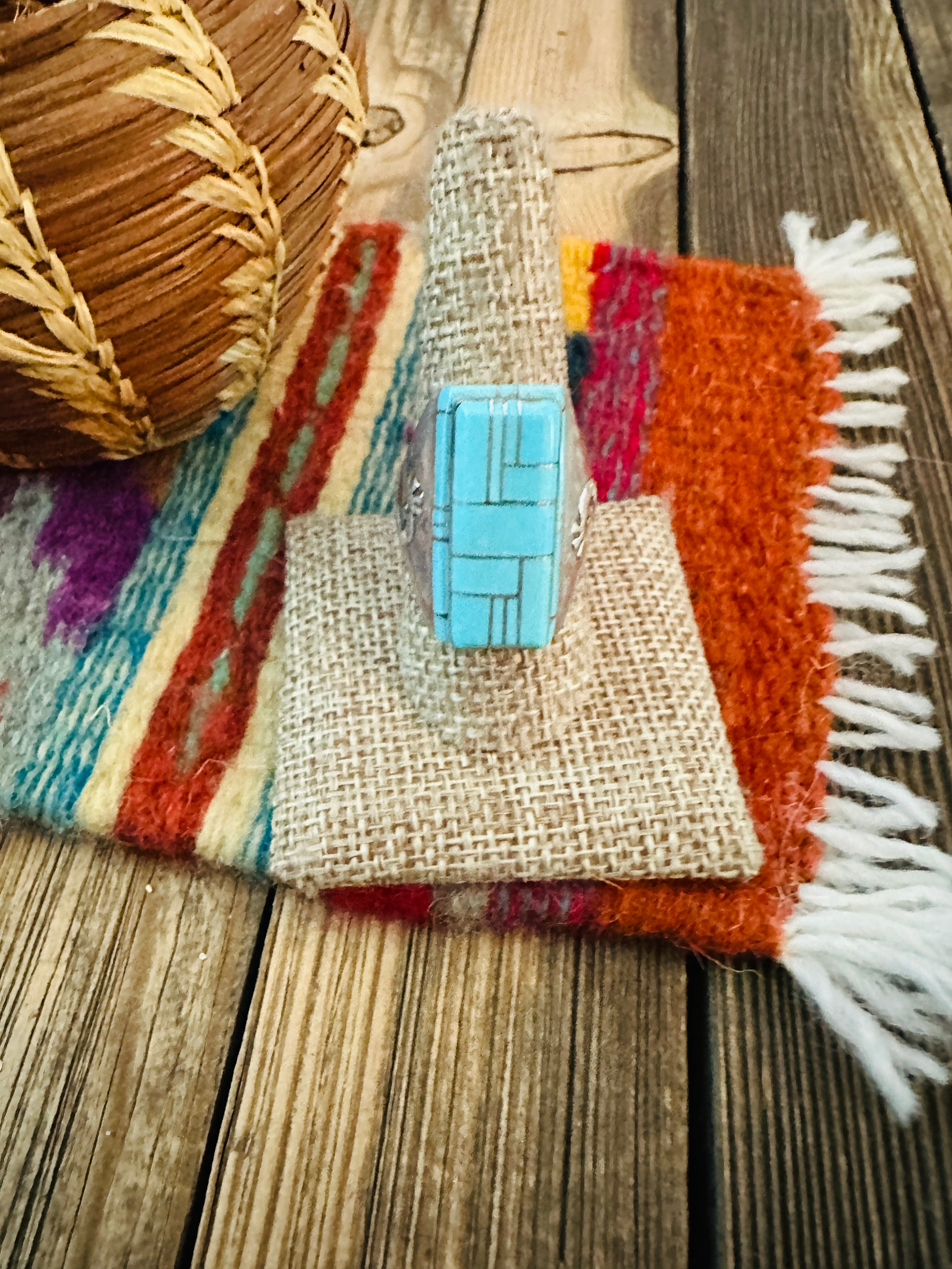 Old Pawn Handcrafted Turquoise & Sterling Silver Inlay Ring Size 10