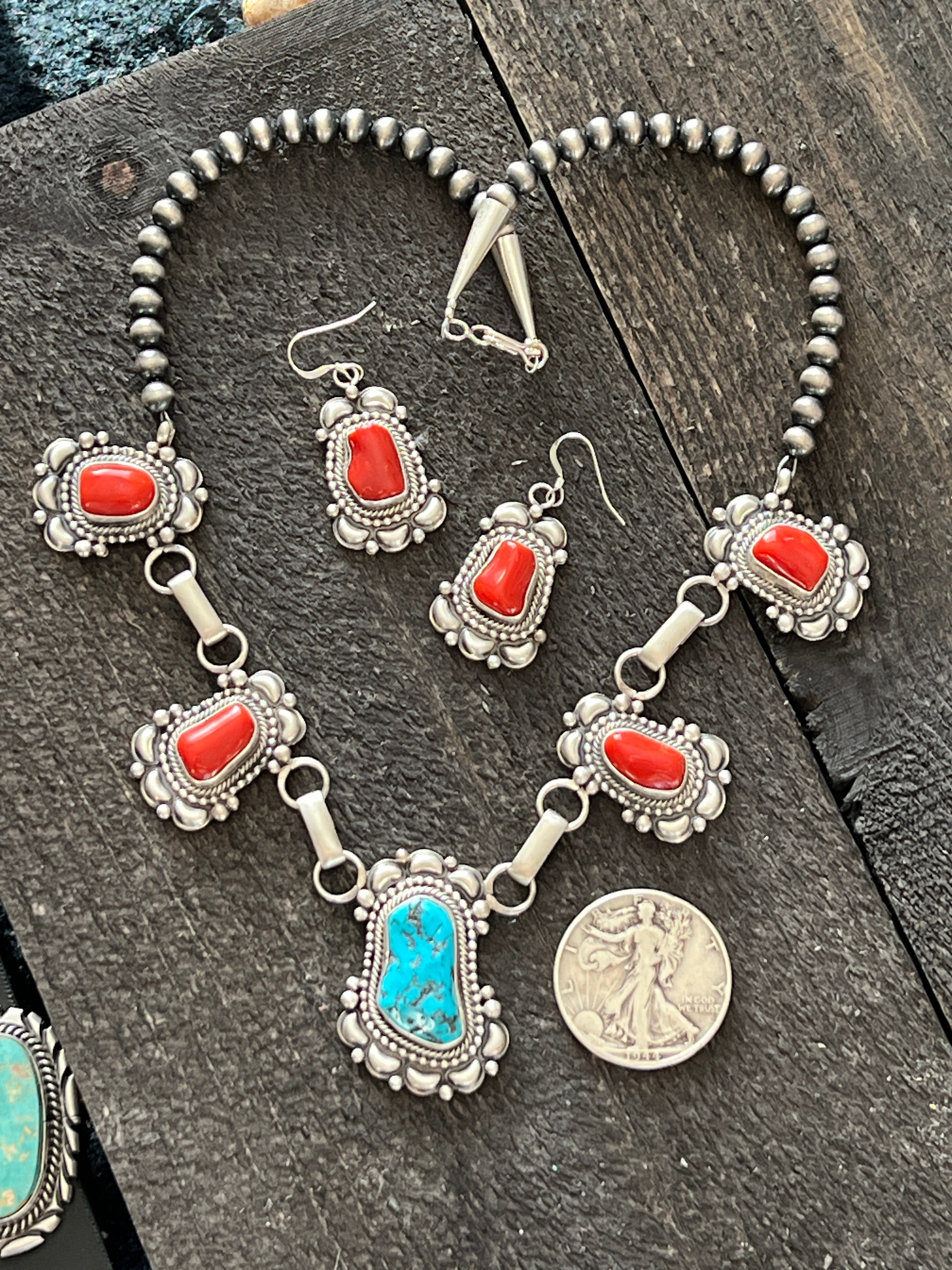 Navajo Sterling Silver, Mediterranean Coral and Sleeping Beauty Turquoise Necklace with Matching Earrings by Tom Lewis