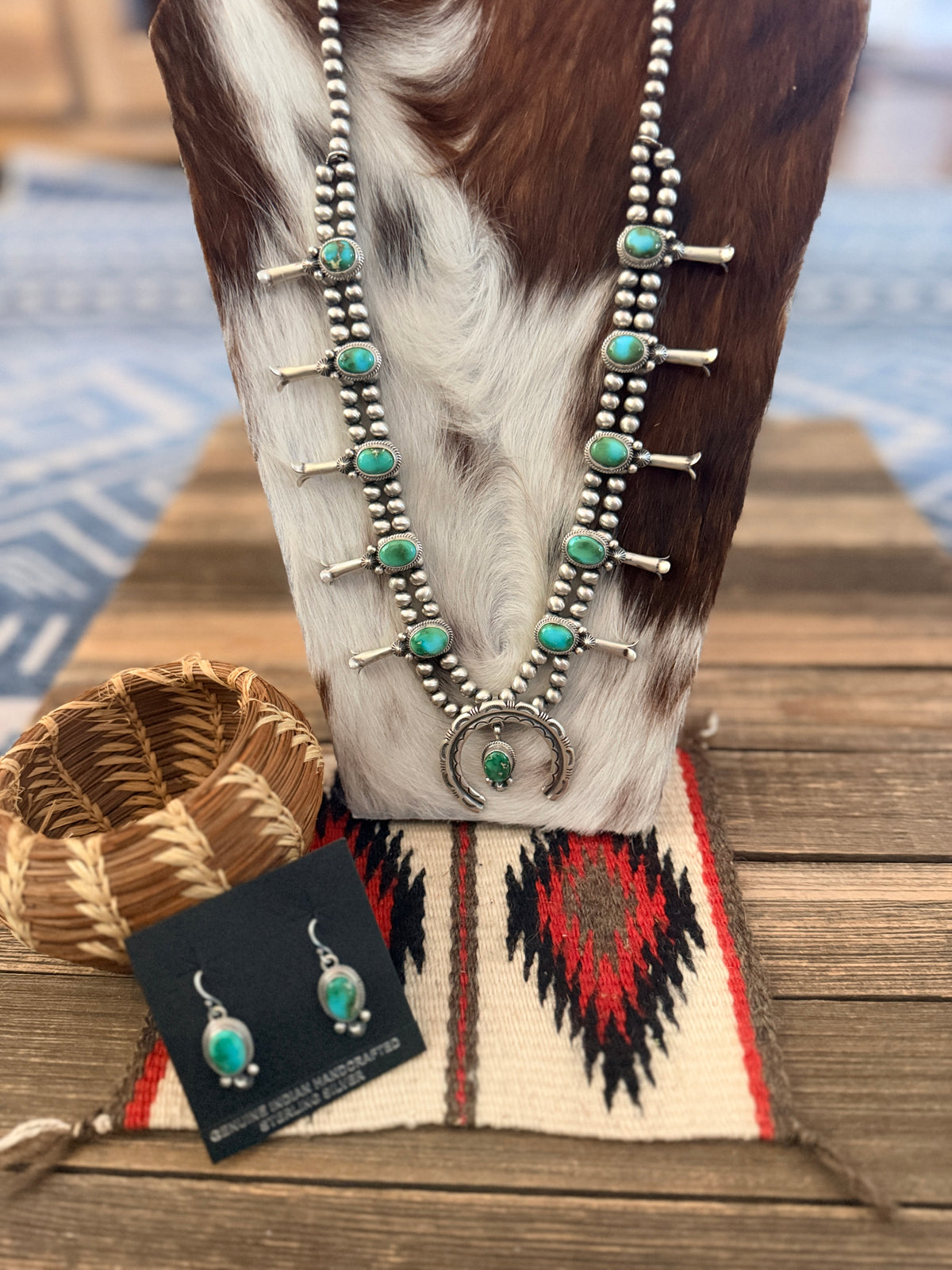 Handcrafted Sonoran Mountain Turquoise & Sterling Silver Beaded Squash Blossom Necklace Set by Melvin Francis
