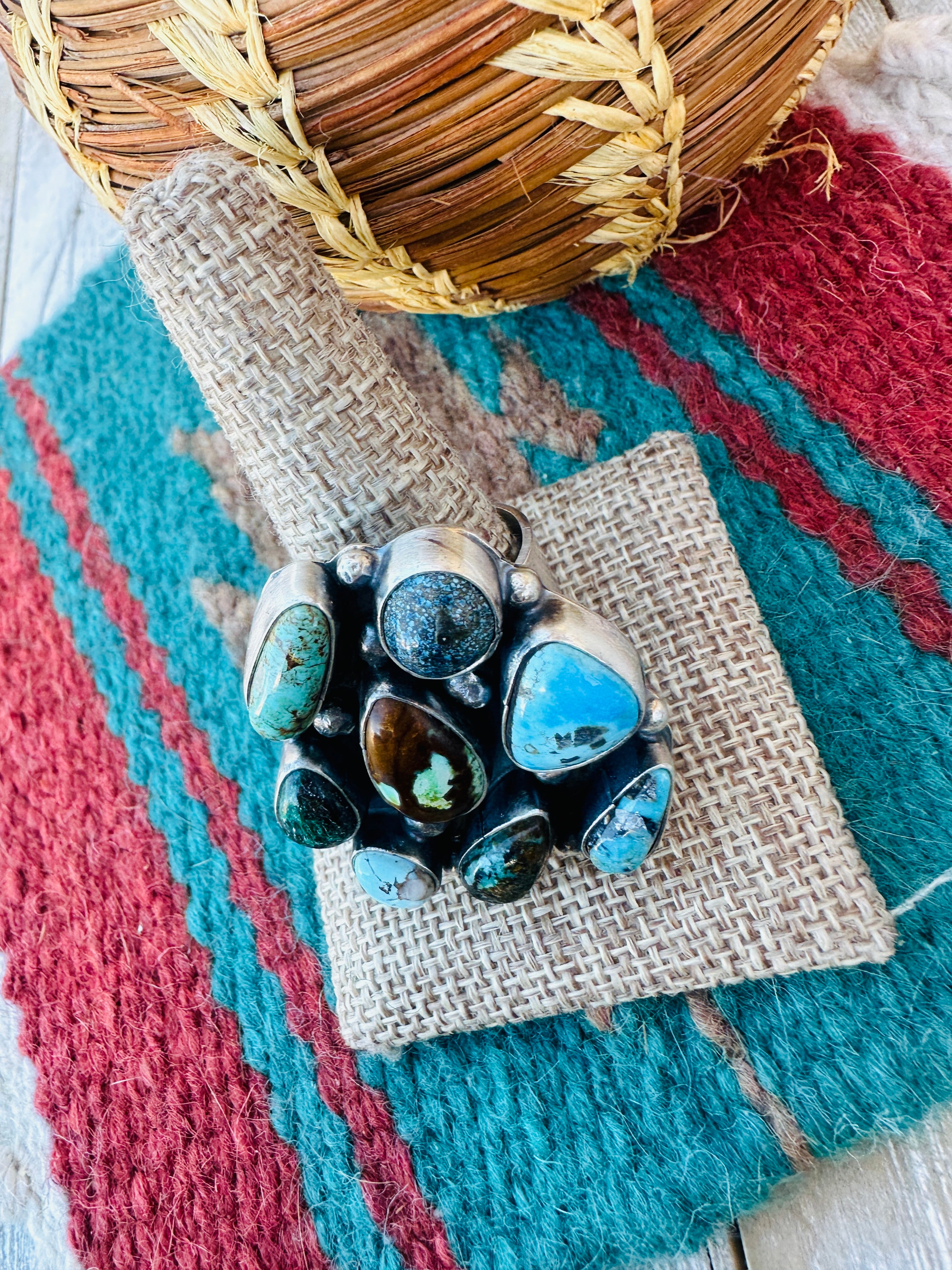 Hand Crafted Multi Turquoise & Sterling Silver Cluster Adjustable Ring by Sheila Becenti