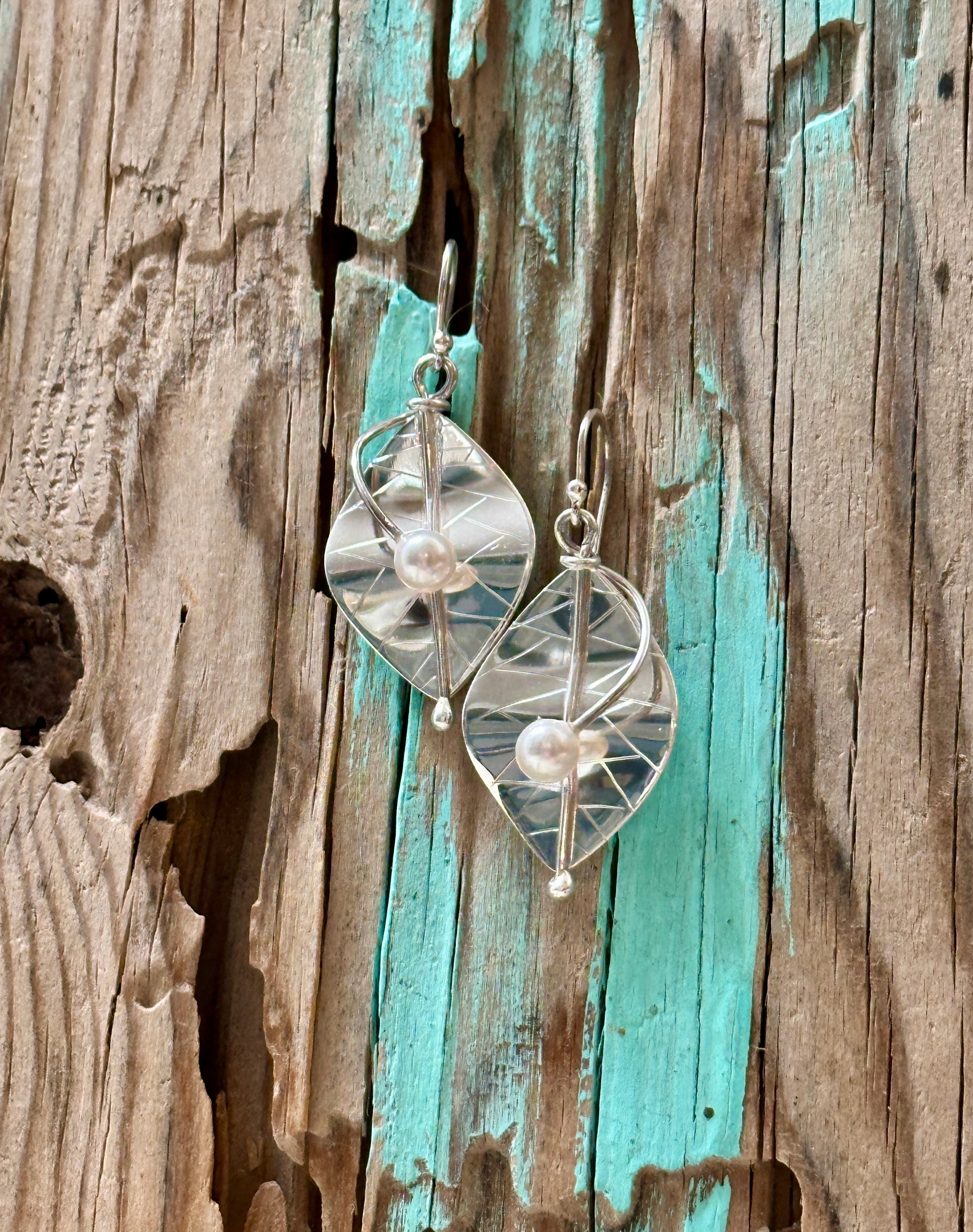 Modern Leaf Earrings with Pearl & Sterling Silver