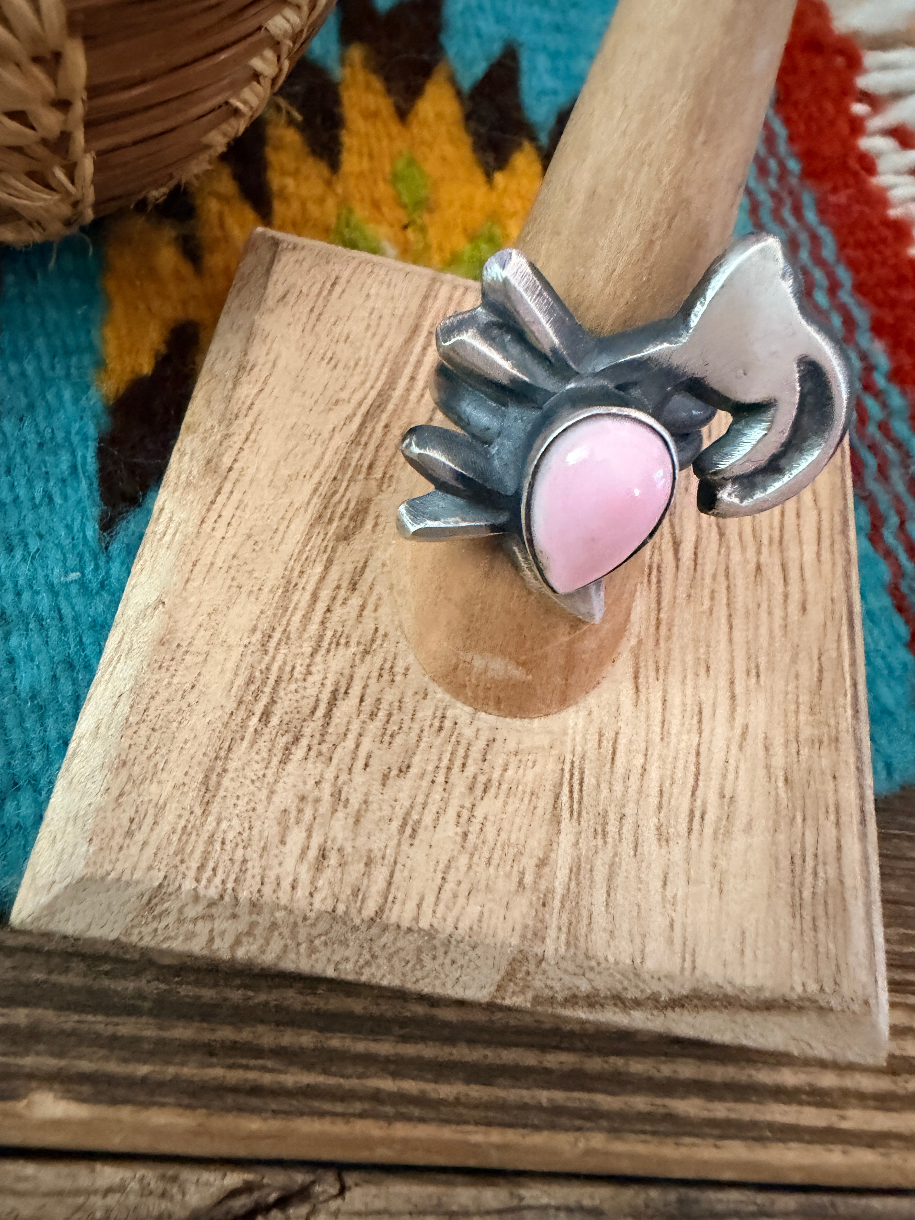 Handcrafted Queen Pink Conch and Sterling Silver Goat Ring size 7.75 by Chimney Butte