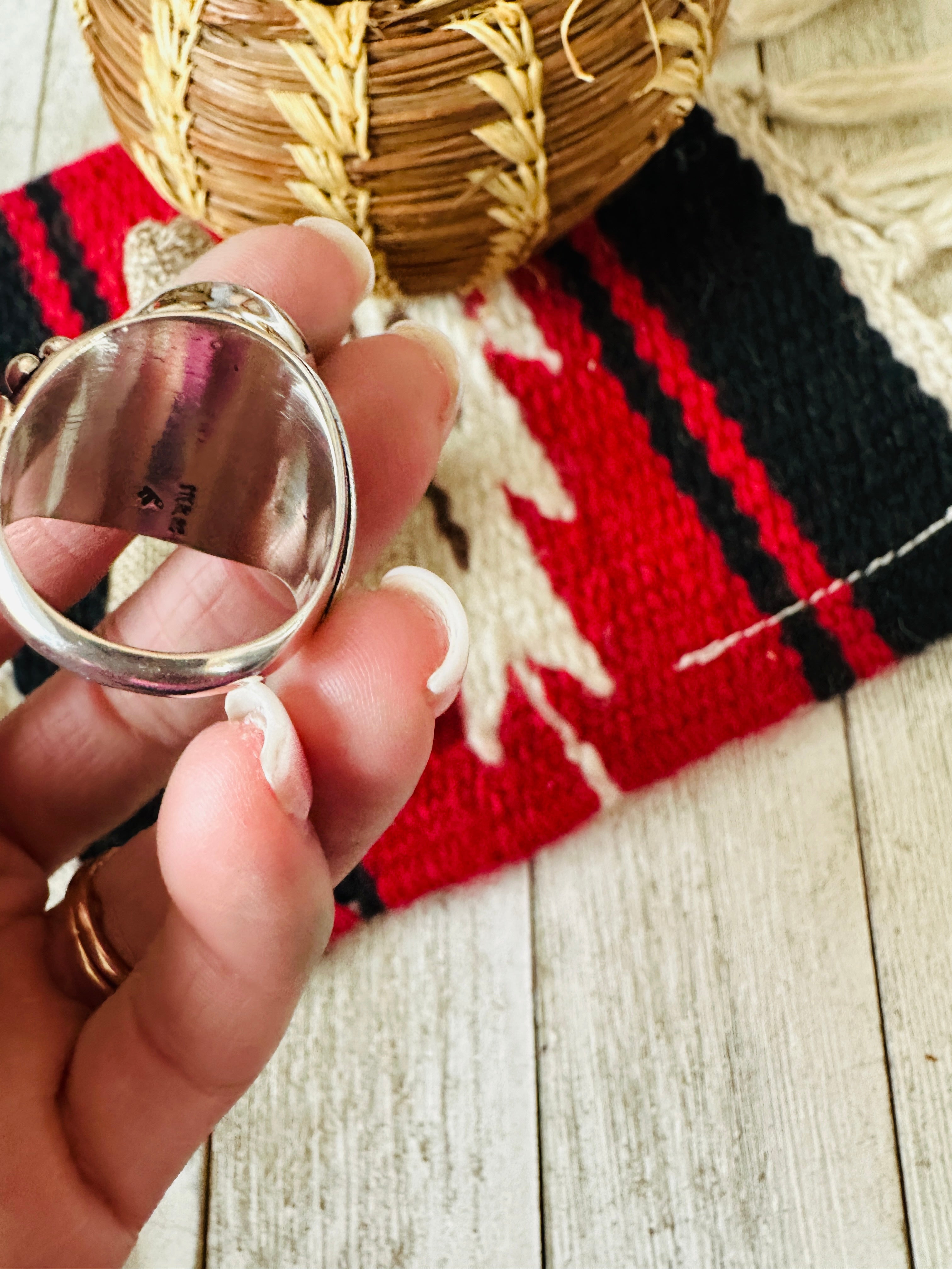 Handcrafted Turquoise & Sterling Silver Cigar Band Ring Size 9.5