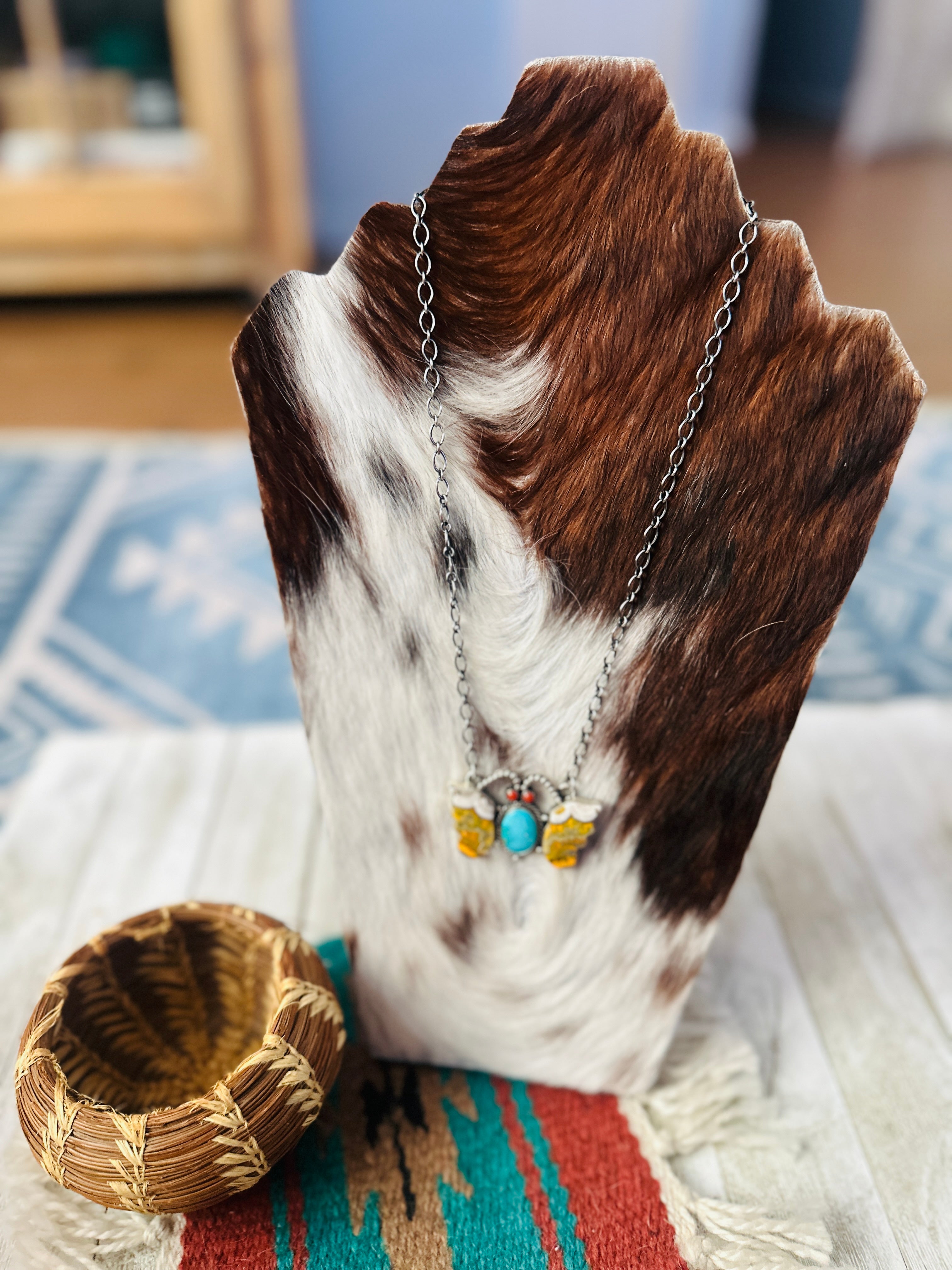 Handcrafted Sterling Silver, Bumblebee, Turquoise & Coral Butterfly Necklace by Patrick Yazzie