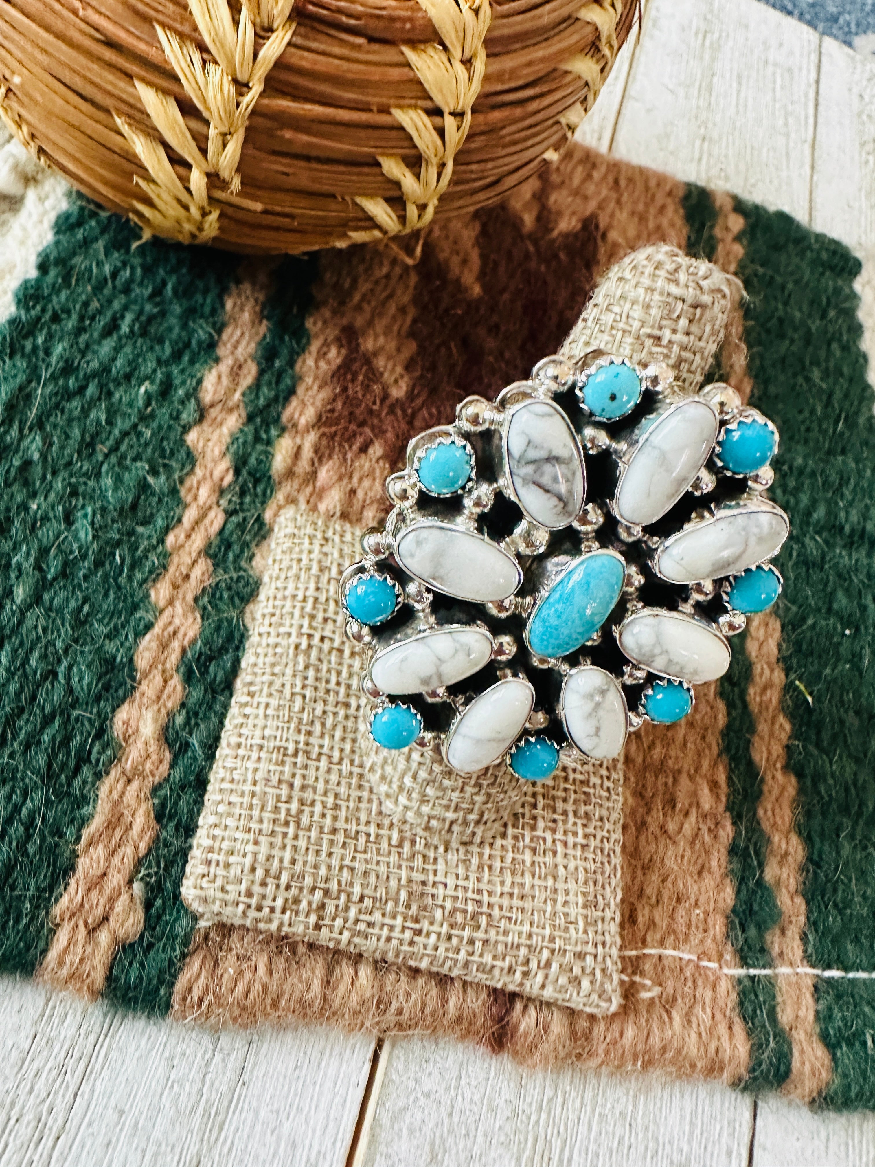 Handcrafted Sterling Silver, Turquoise & Howlite Cluster Adjustable Ring