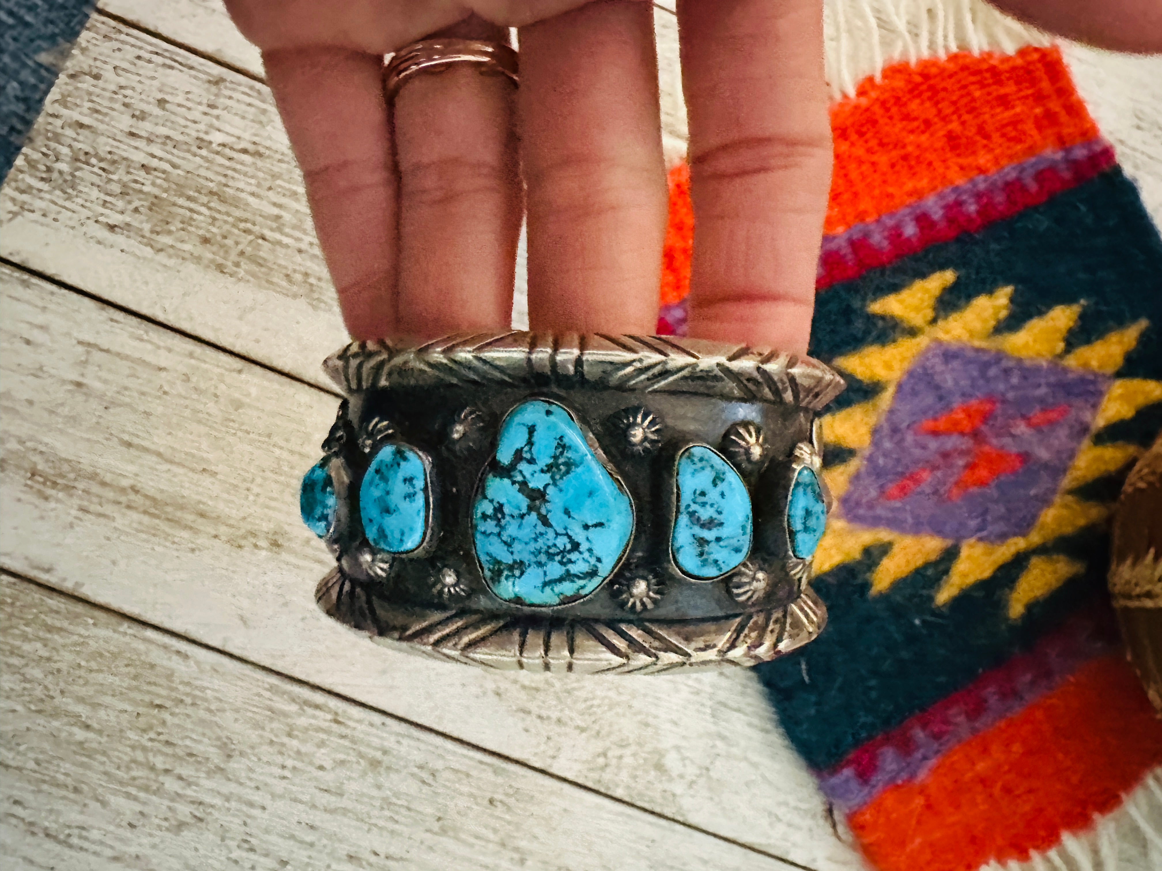 Old Pawn Navajo Sterling Silver & Kingman Turquoise Cuff Bracelet /