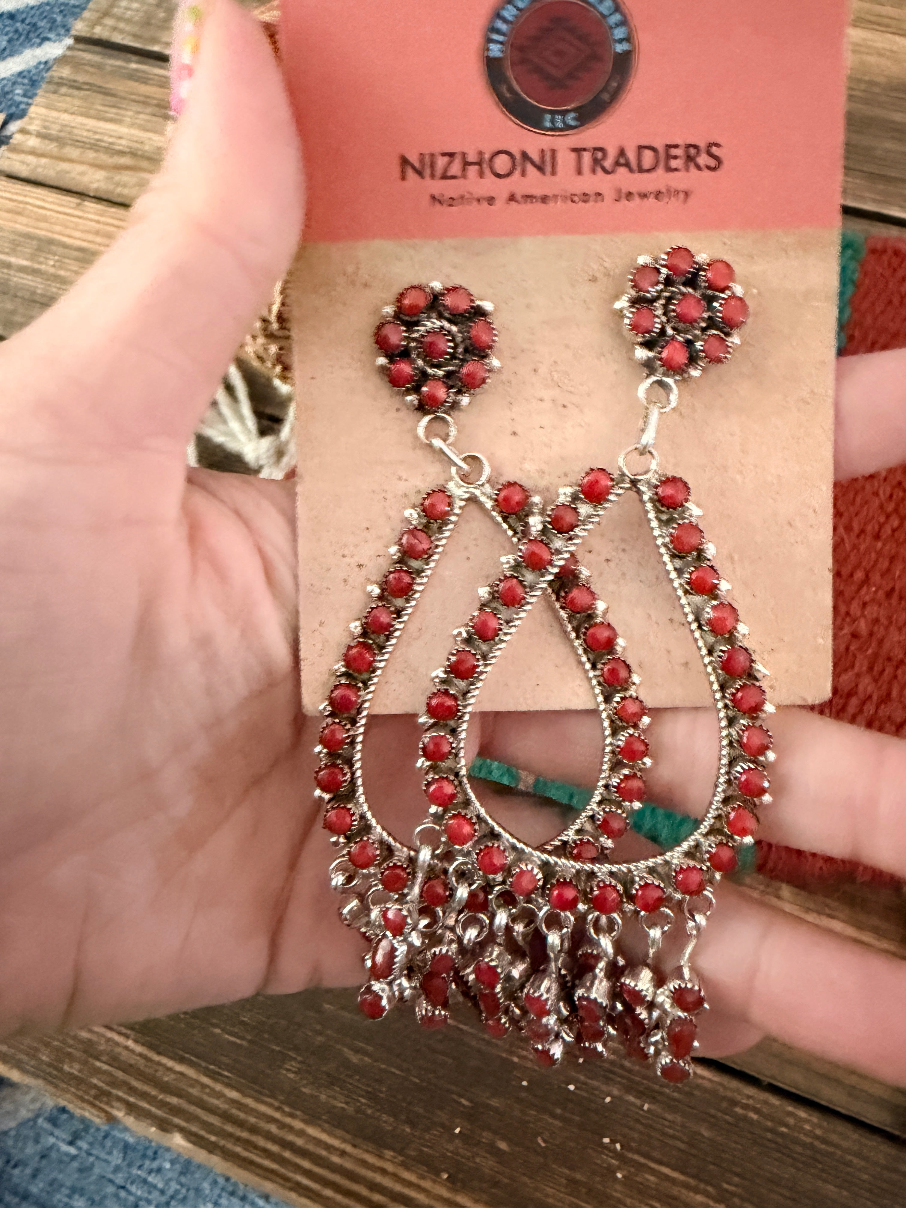 Handcrafted Coral & Sterling Silver Chandelier Dangle Earrings