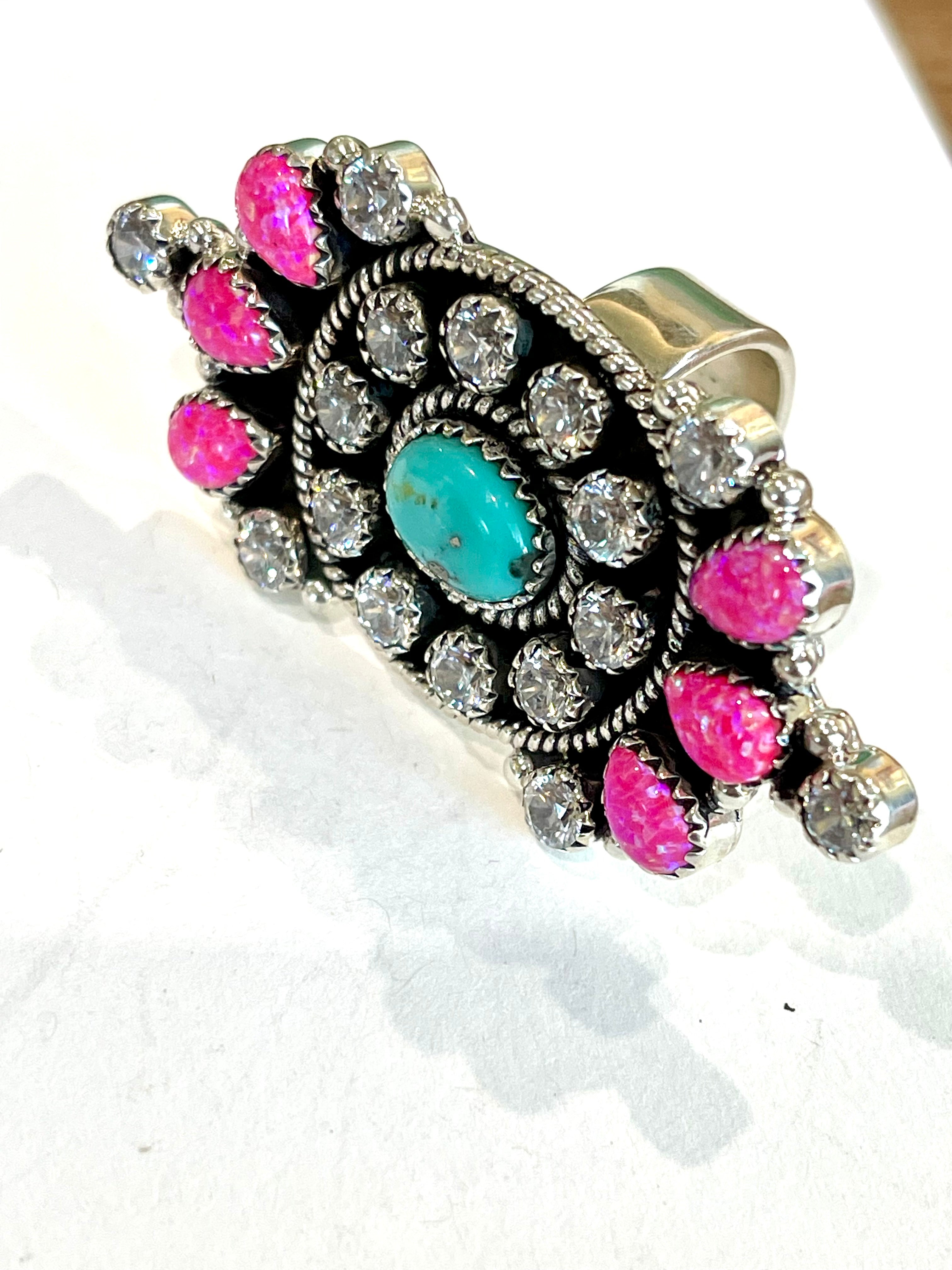 Handmade Pink Fire Opal, Opal, Cubic Zirconia And Sterling Silver Adjustable Ring Signed Nizhoni