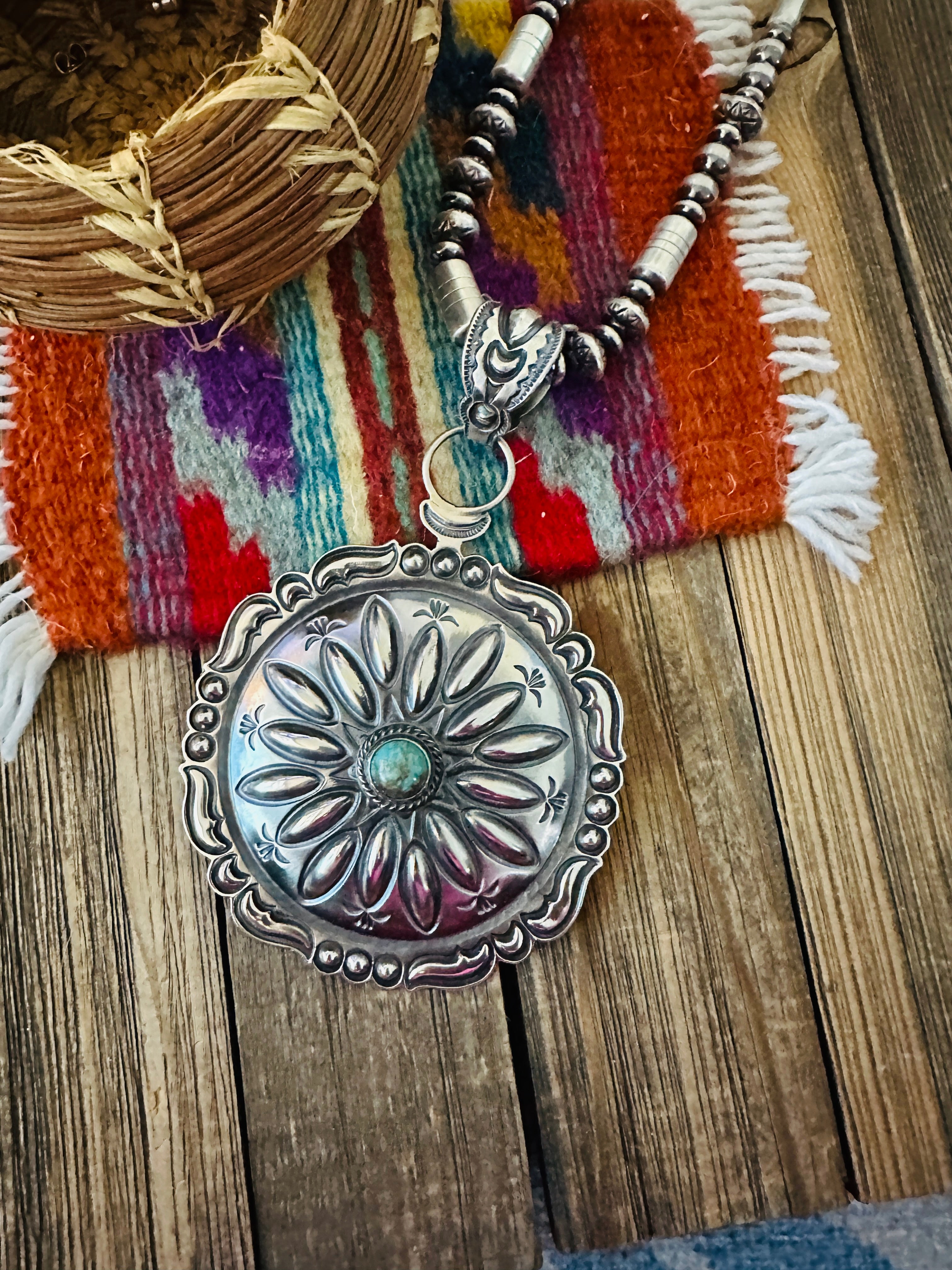 Handcrafted Turquoise & Sterling Silver Concho Pendant by Roland Dixson