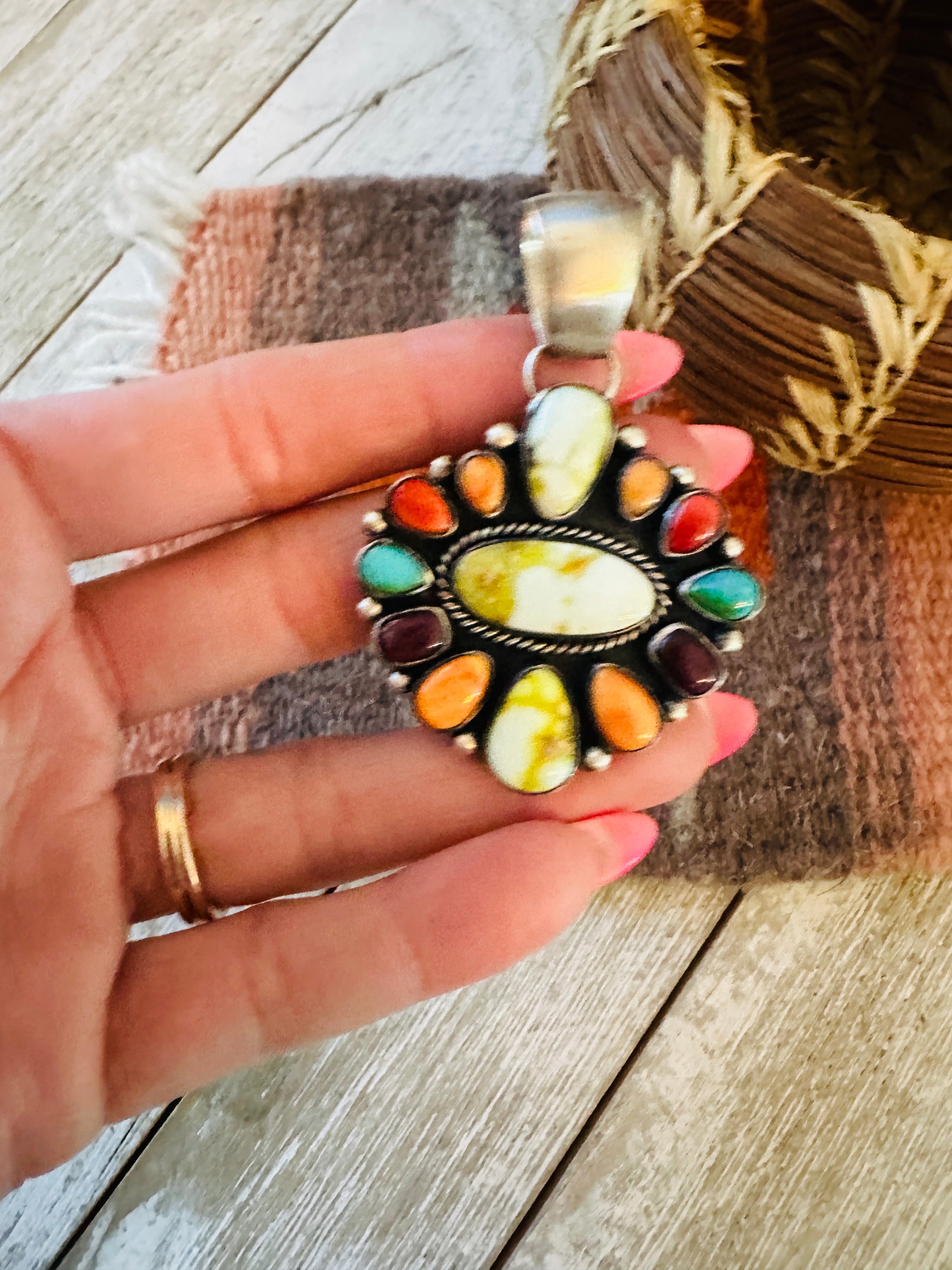 Handcrafted Electric Rainbow Turquoise, Spiny & Sterling Silver Cluster Pendant by Angela Martin