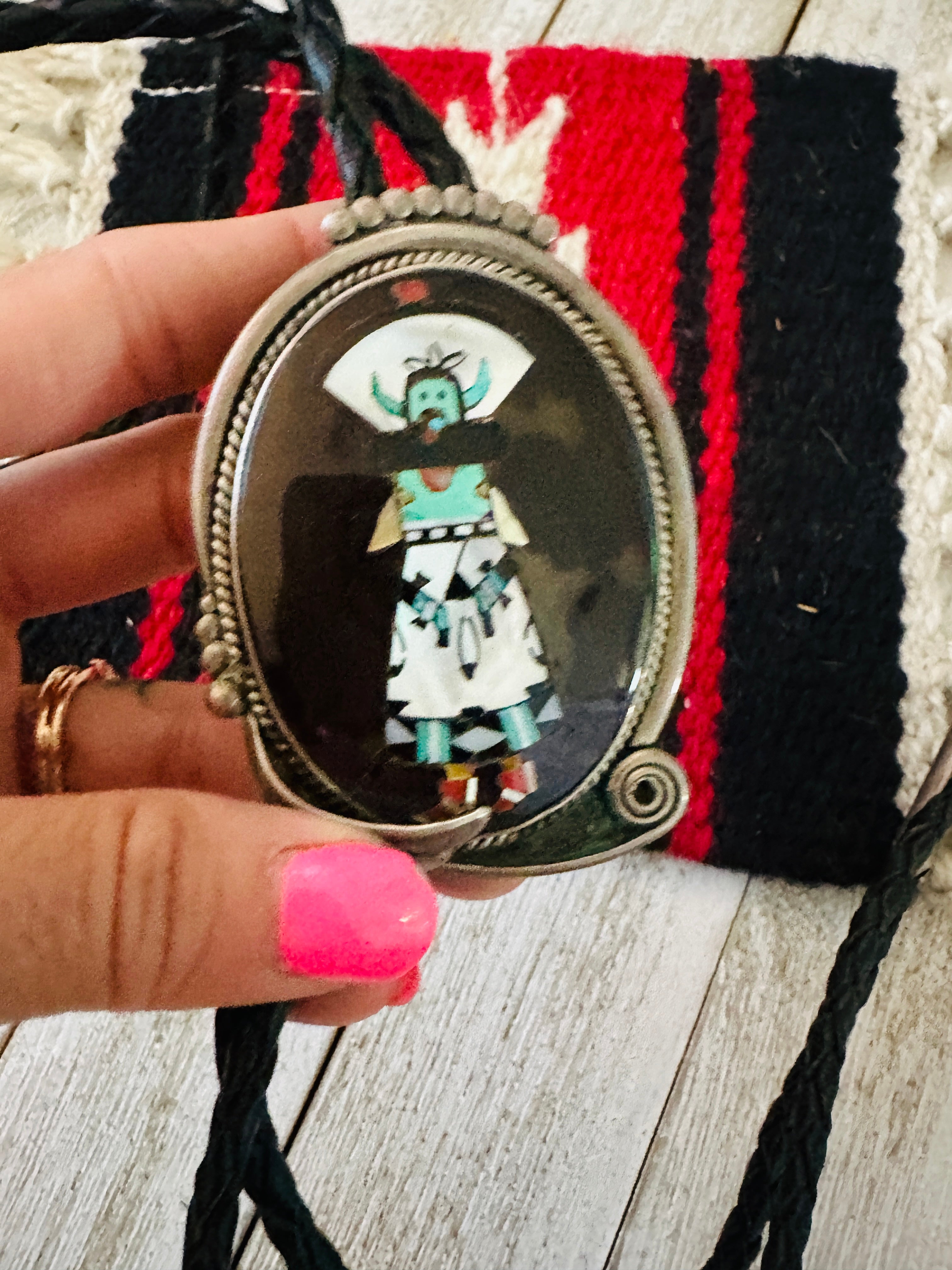 Vintage Old Pawn Sterling Silver & Multi Stone Inlay Bolo Tie