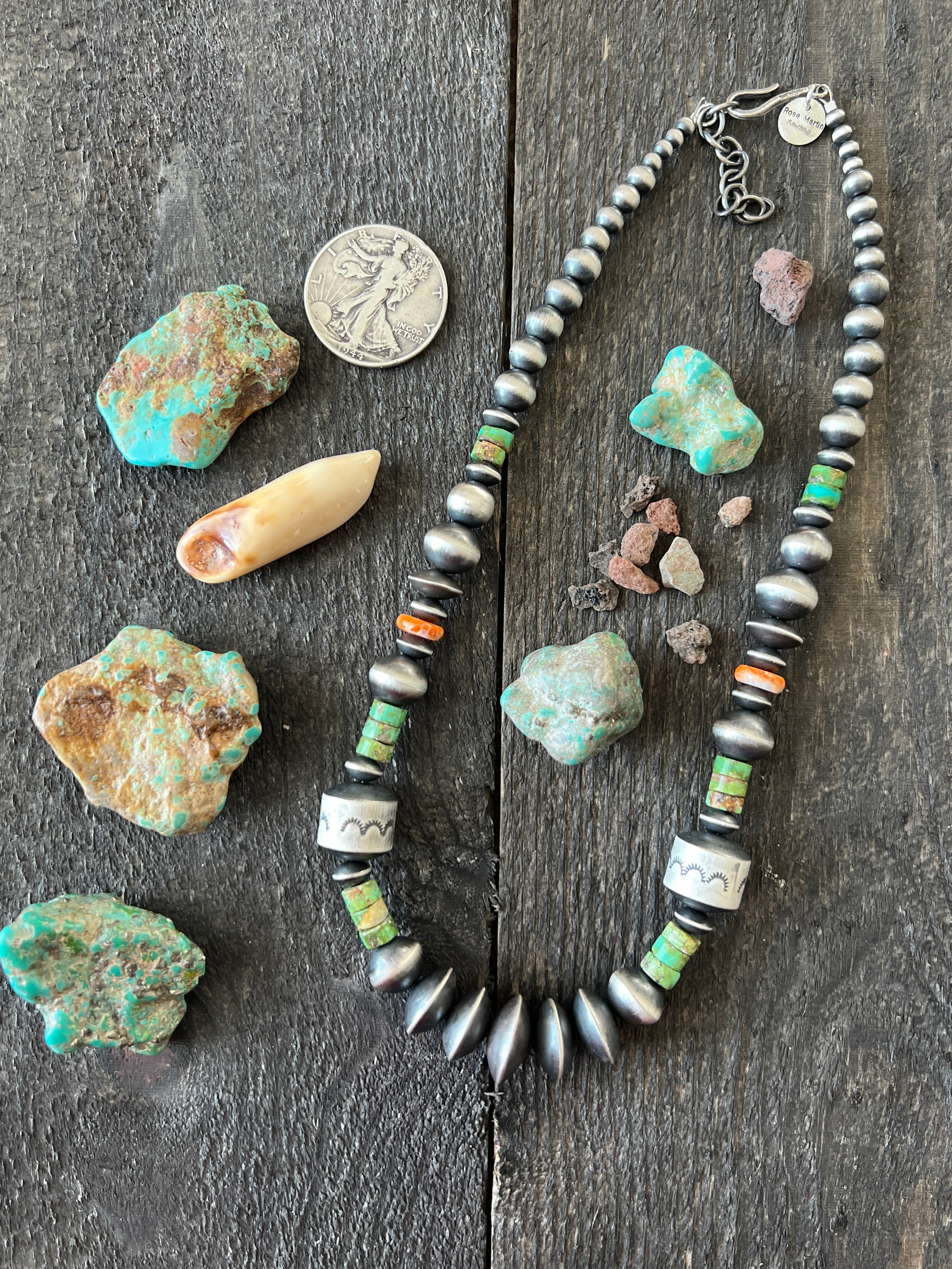 Handcrafted Made Electric Rainbow Sterling Silver, Turquoise and Spiny Oyster Single Strand Beaded Necklace by Rose Martin, X-tra Chunk, 18 + 2 Inches